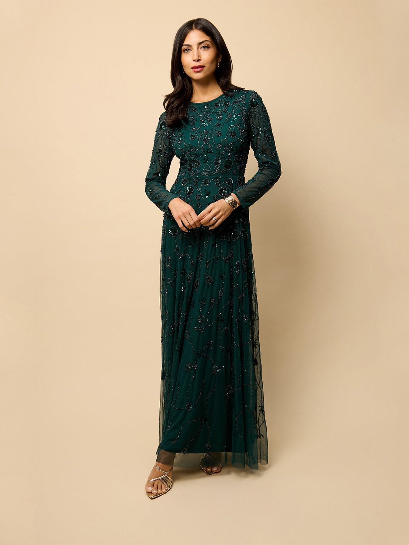 Little Mistress Teal Long Sleeve Embellished Maxi Dress - Teal