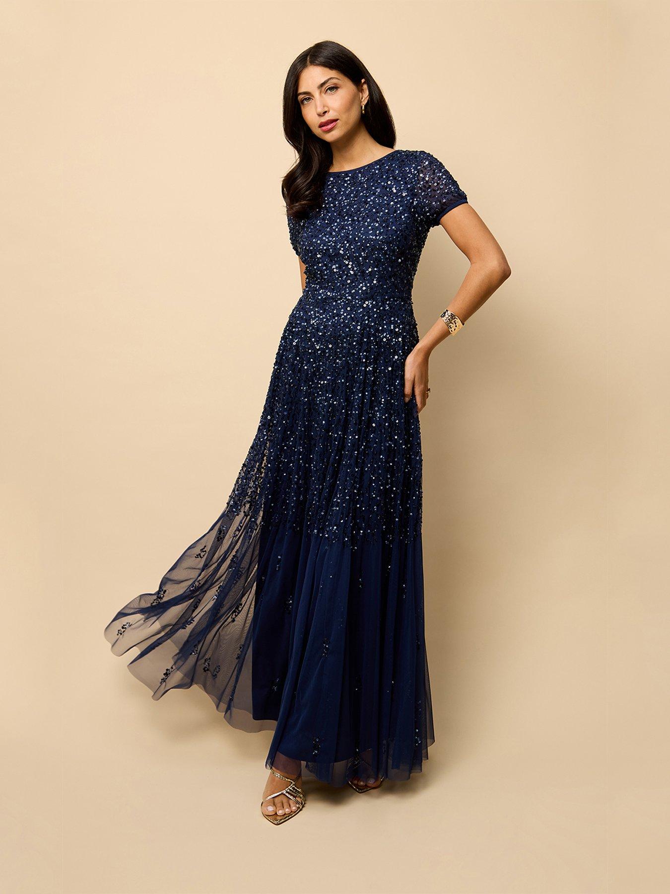 Little Mistress Short Sleeve Embellished Maxi Dress - Navy