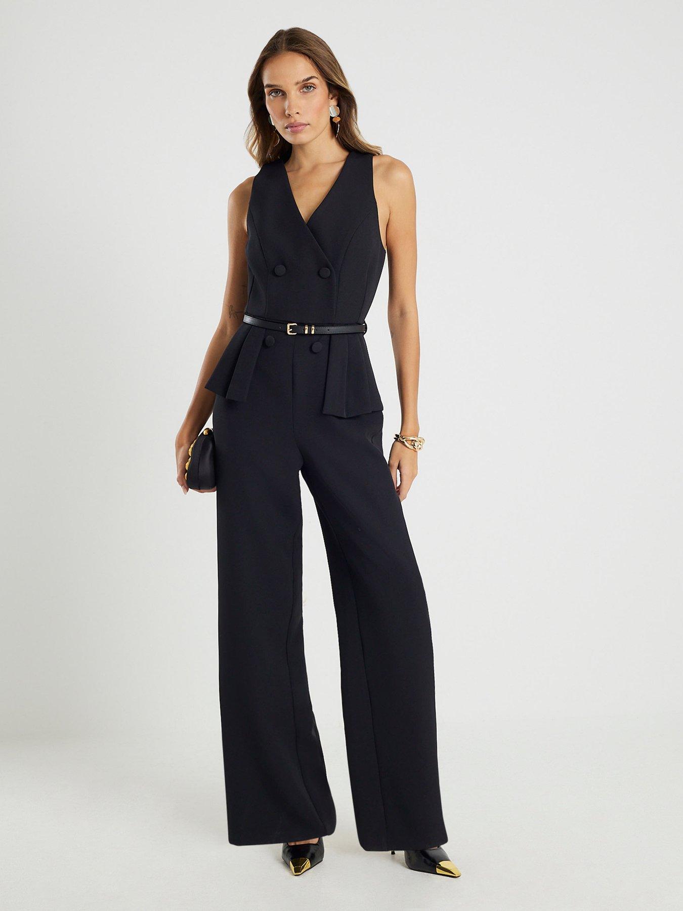 Image 1 of 4 of River Island Pleated Waist Jumpsuit - Black