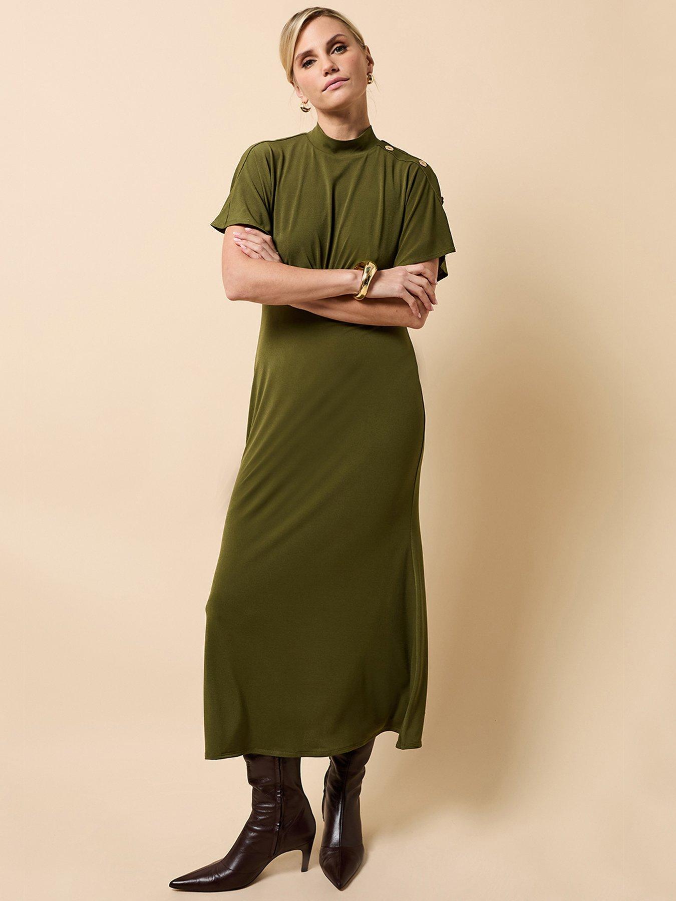 Little Mistress Khaki Button Detail Midaxi Dress, Green, Size 18, Women