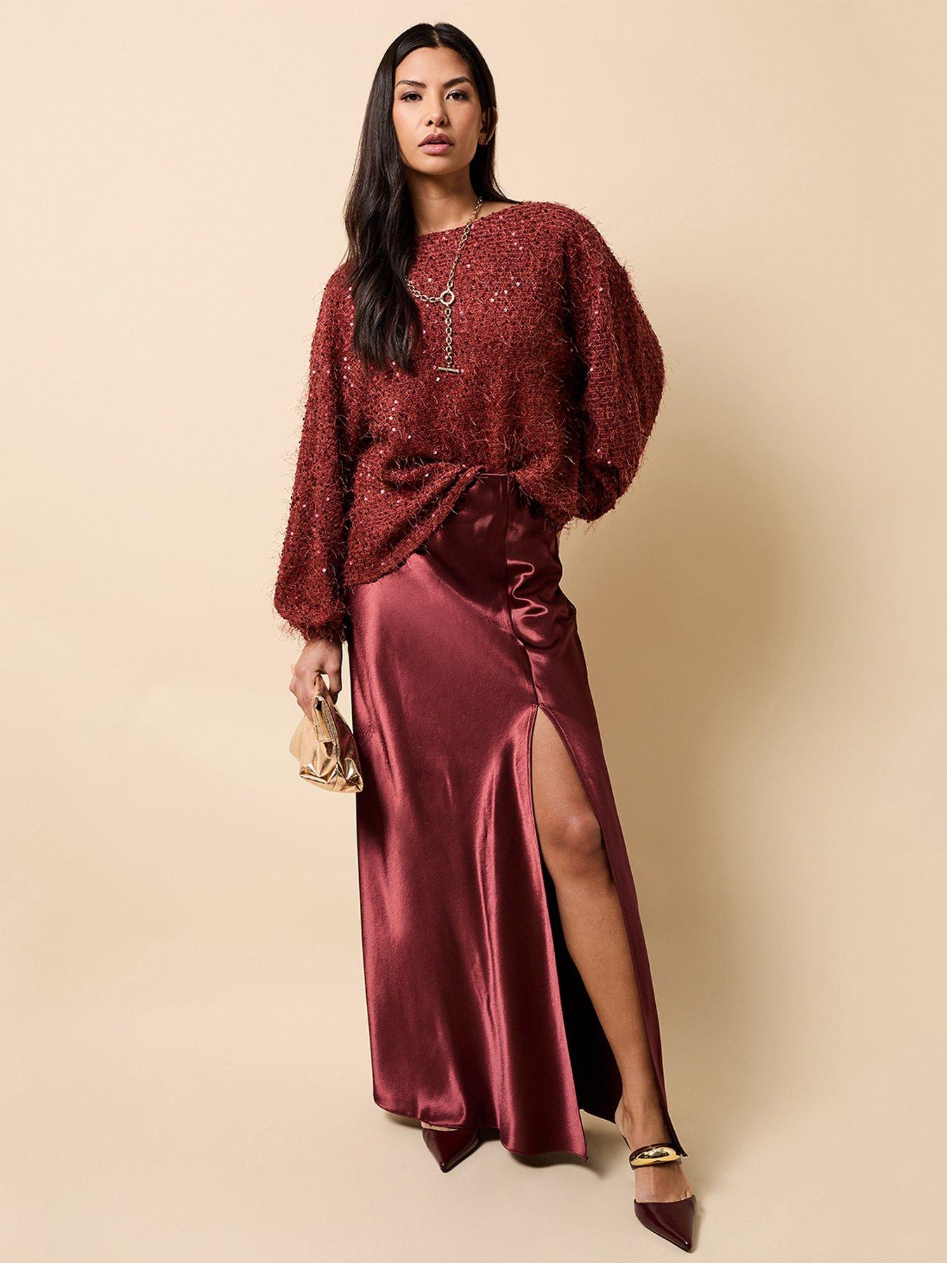 Little Mistress Cherry Satin Maxi Skirt - Red