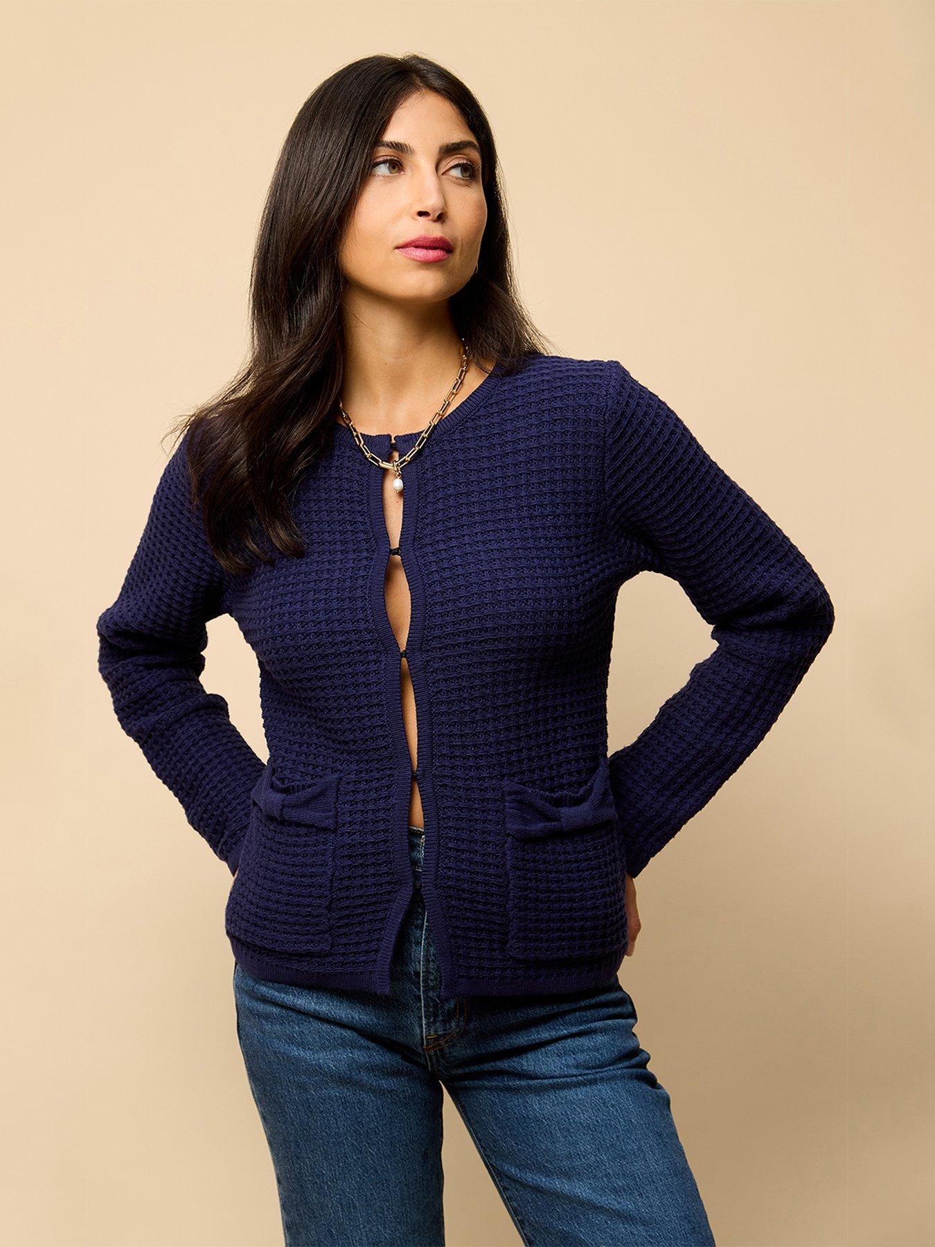 Little Mistress Knitted Bow Pocket Detail Cardigan - Navy