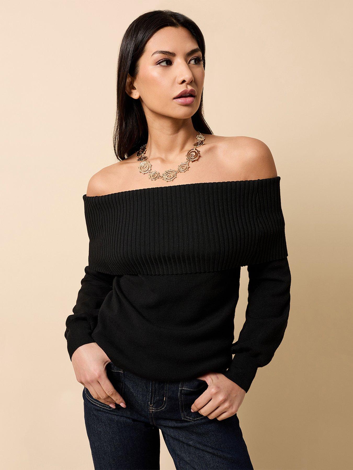 Little Mistress Knitted Bardot Jumper - Black