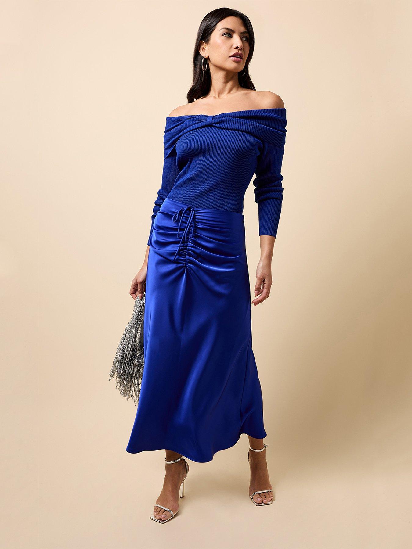 Little Mistress Gathered Detail Satin Midaxi Skirt - Cobalt Blue