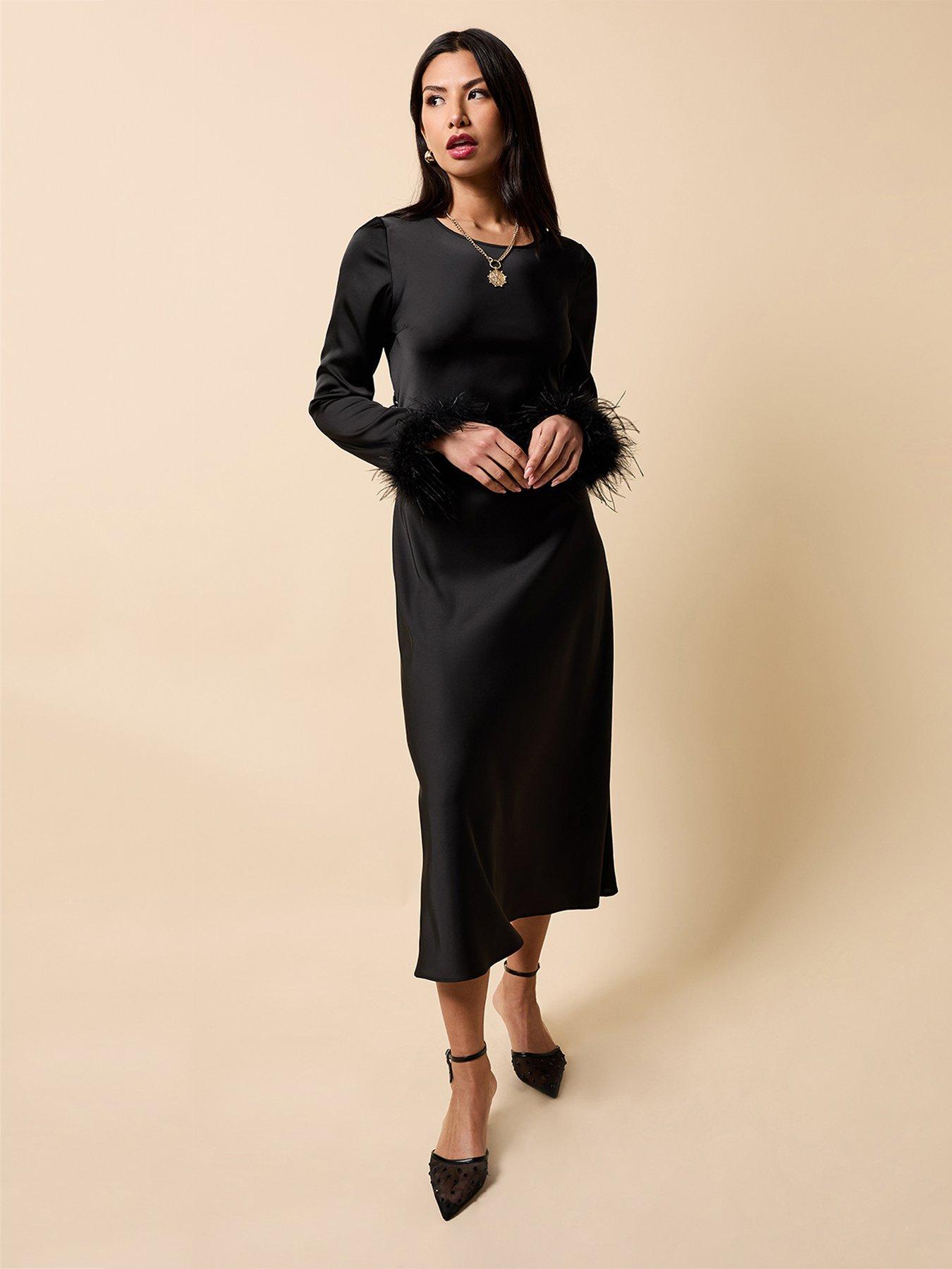 Little Mistress Satin Feather Trim Sleeve Midaxi Dress - Black