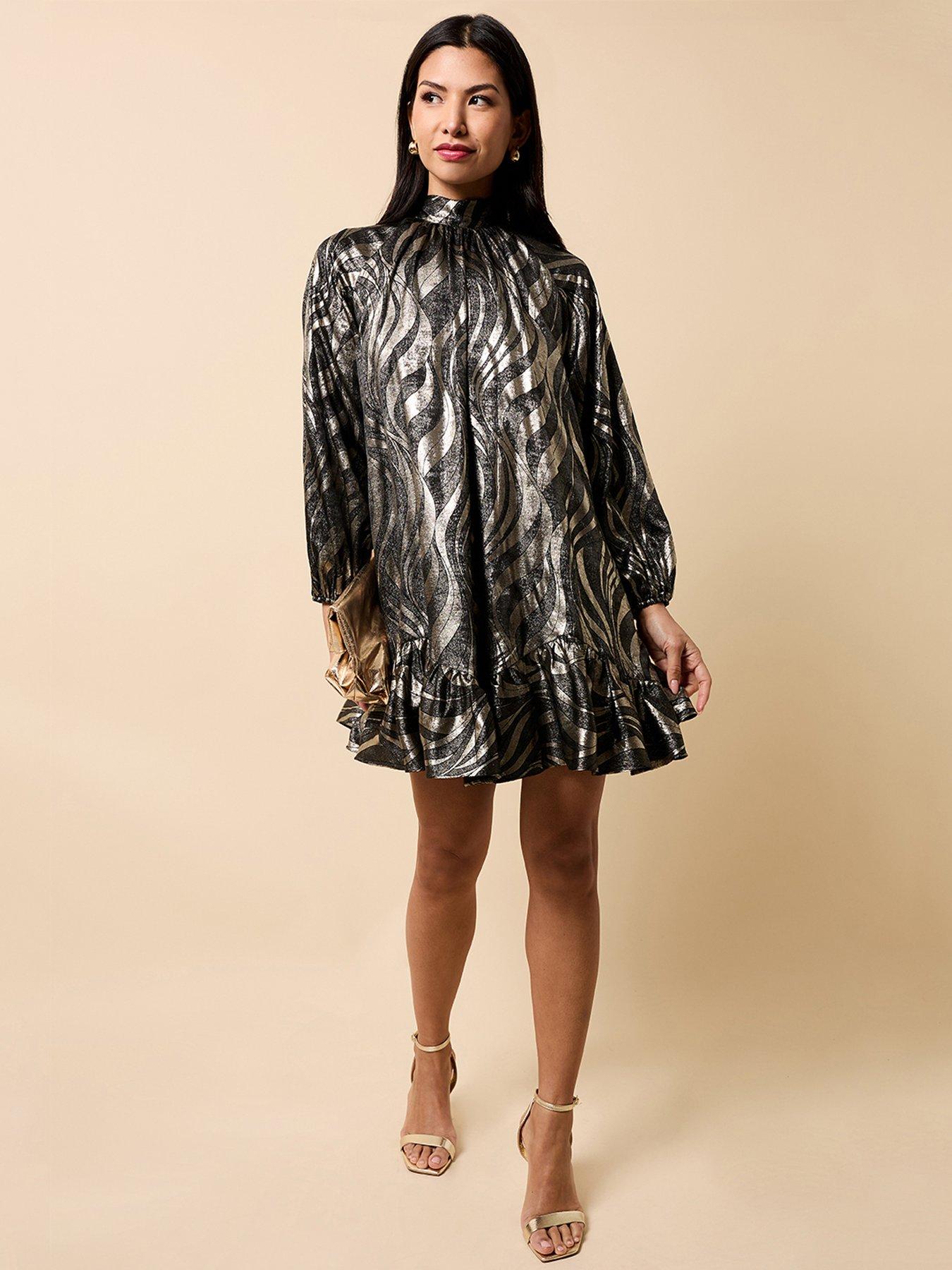 Little Mistress Black And Gold Foil Print Mini Dress