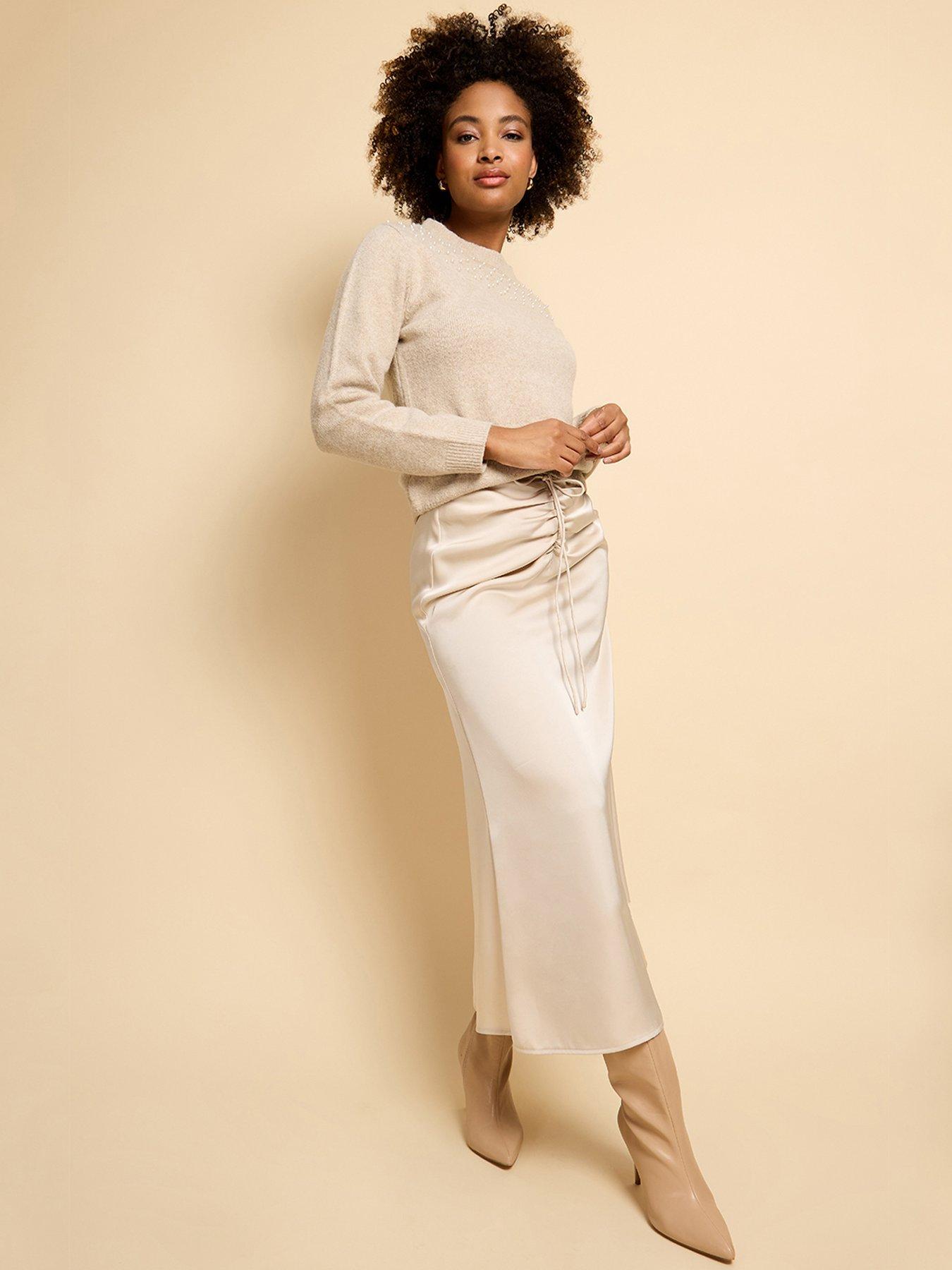 Little Mistress Gathered Detail Satin Midaxi Skirt - Champagne