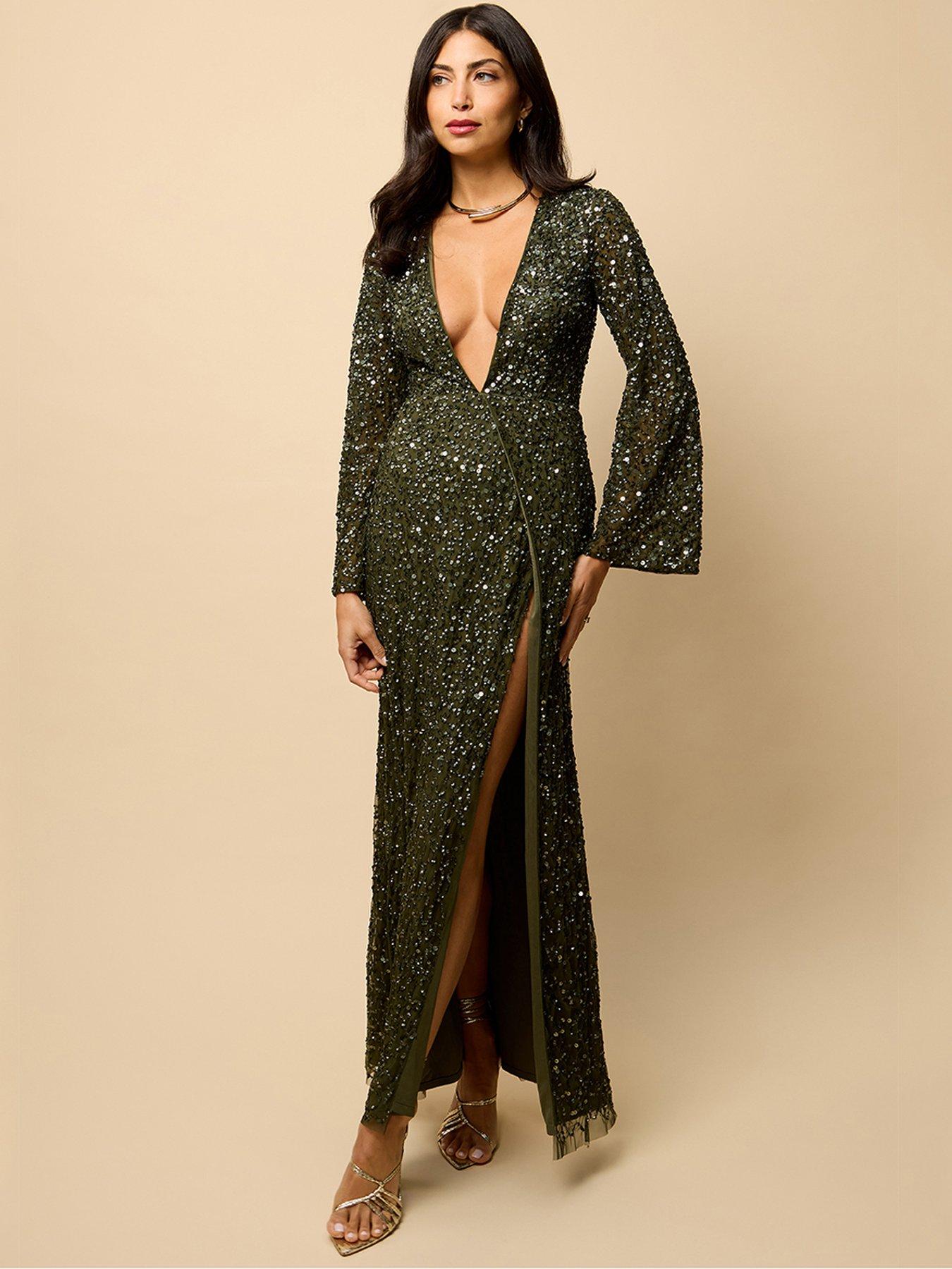 Image 1 of 4 of Little Mistress Olive Wrap Embellished Maxi Dress - Green