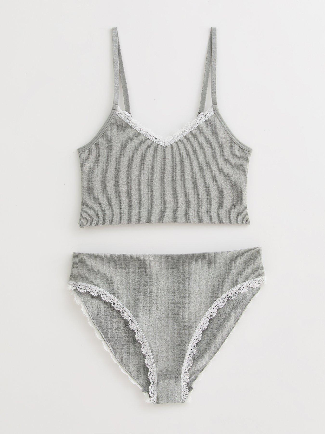 New Look 915 Girls Ribbed Pointelle Trimmed Crop Top And Briefs Set - Grey