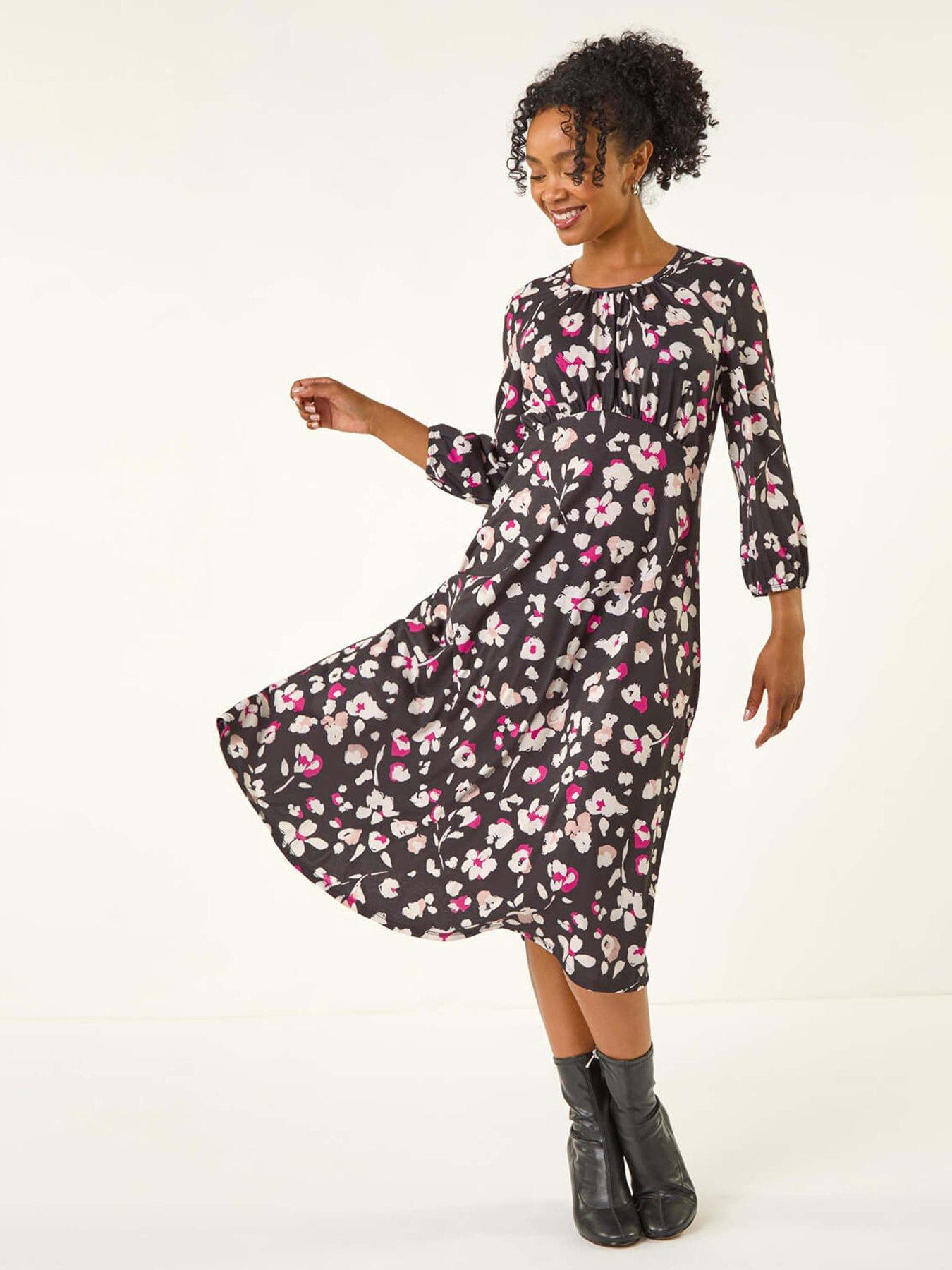 Roman Petite Floral Gathered Midi Dress - Black