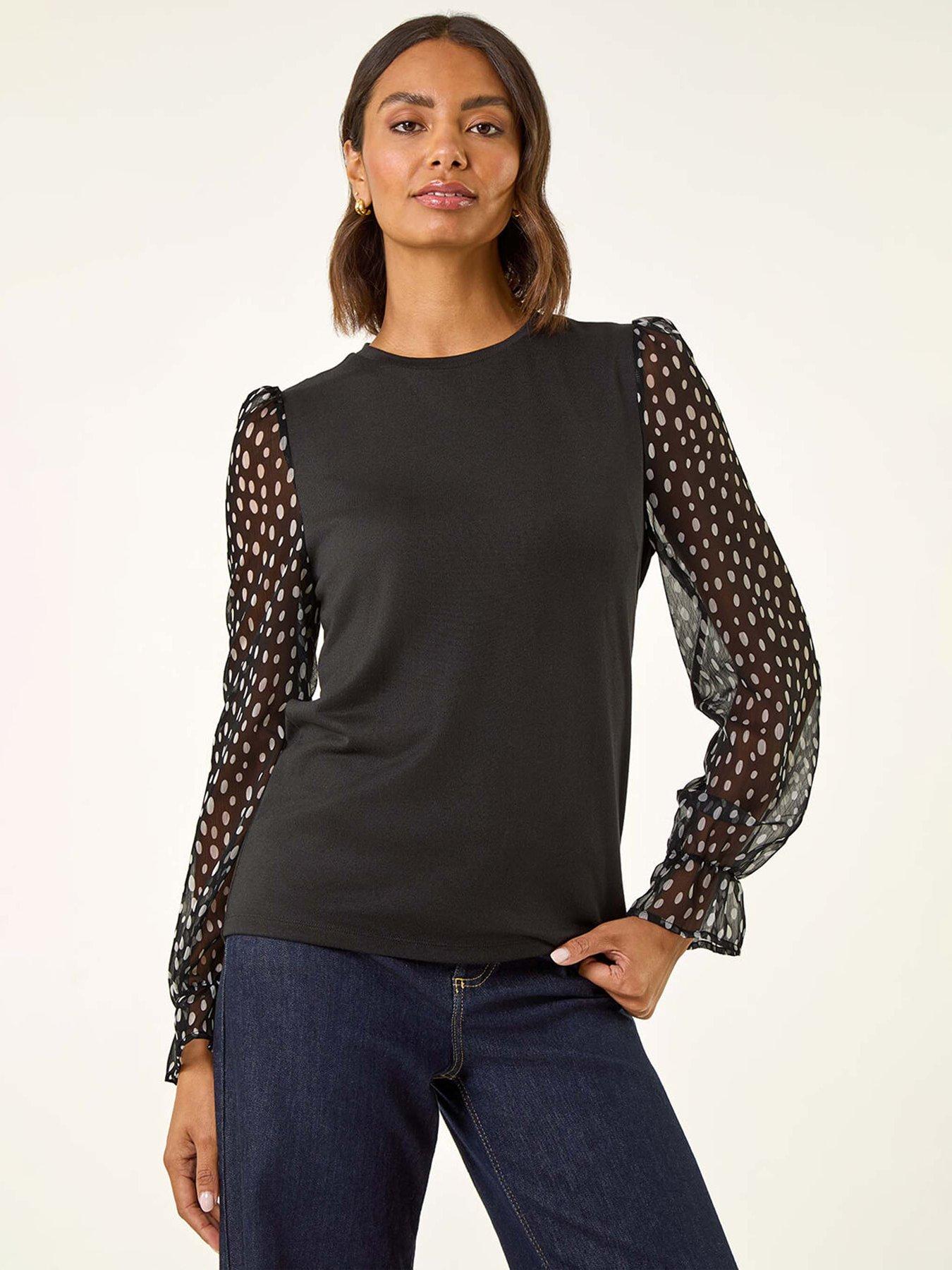 Roman Printed Mesh Sleeve Top - Black