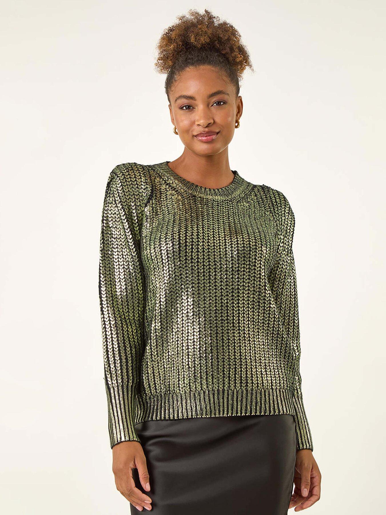 Roman Metallic Crew Neck Knit Jumper - Green