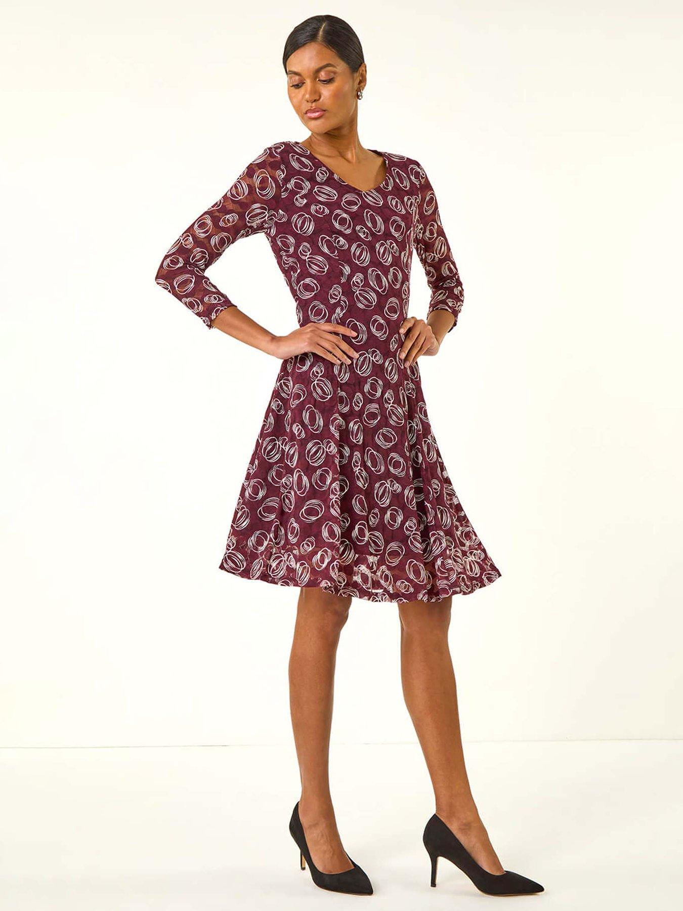 Roman Geo Print Lace Stretch Dress - Red