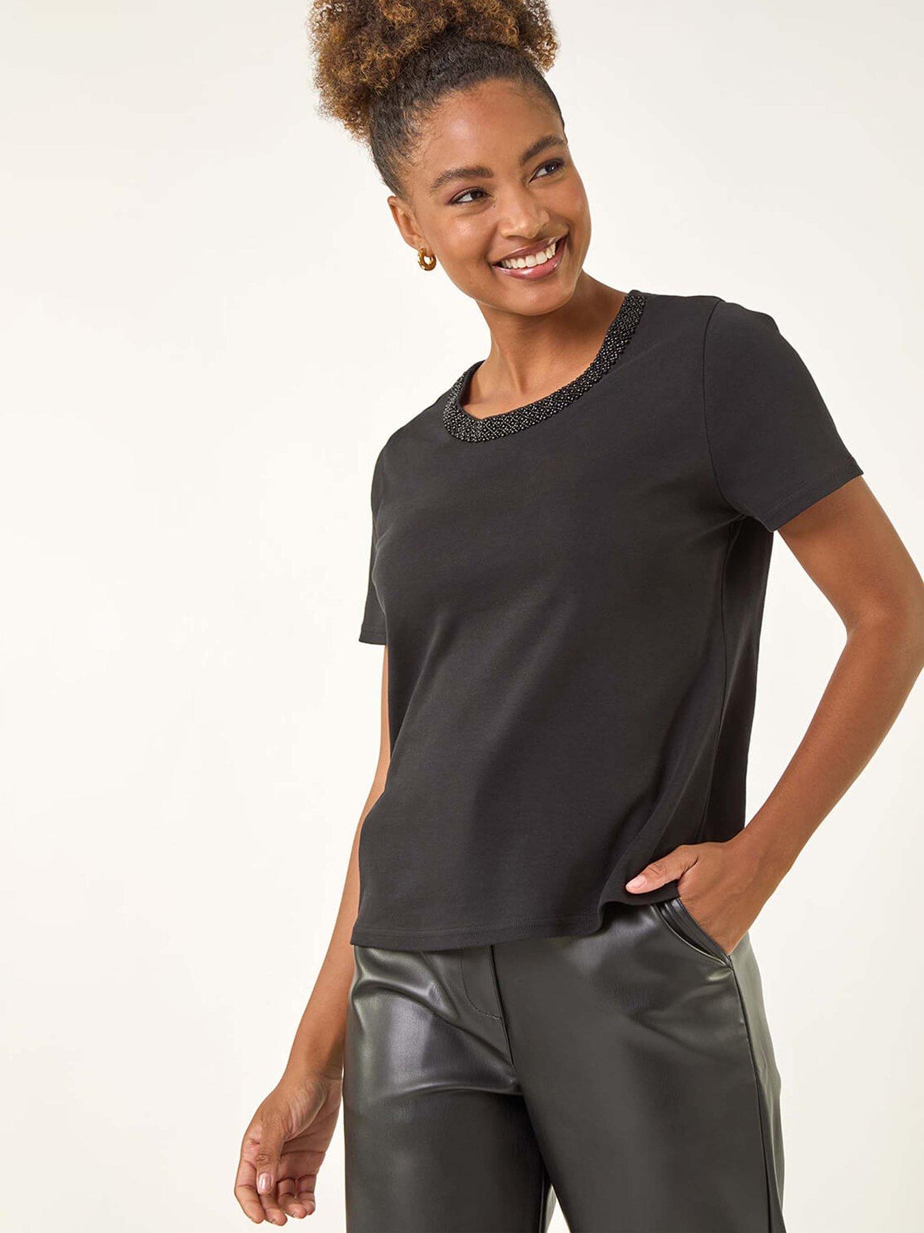Roman Beaded Short Sleeve Top - Black