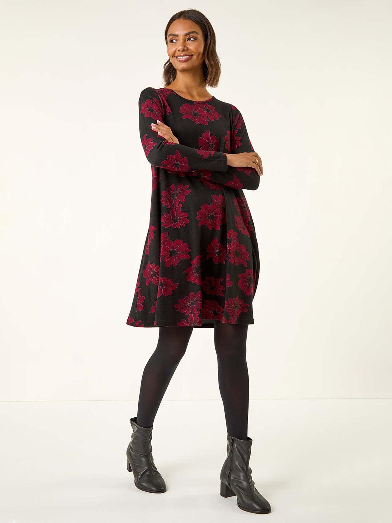 Roman Floral Print Stretch Swing Dress, Black, Size 14, Women