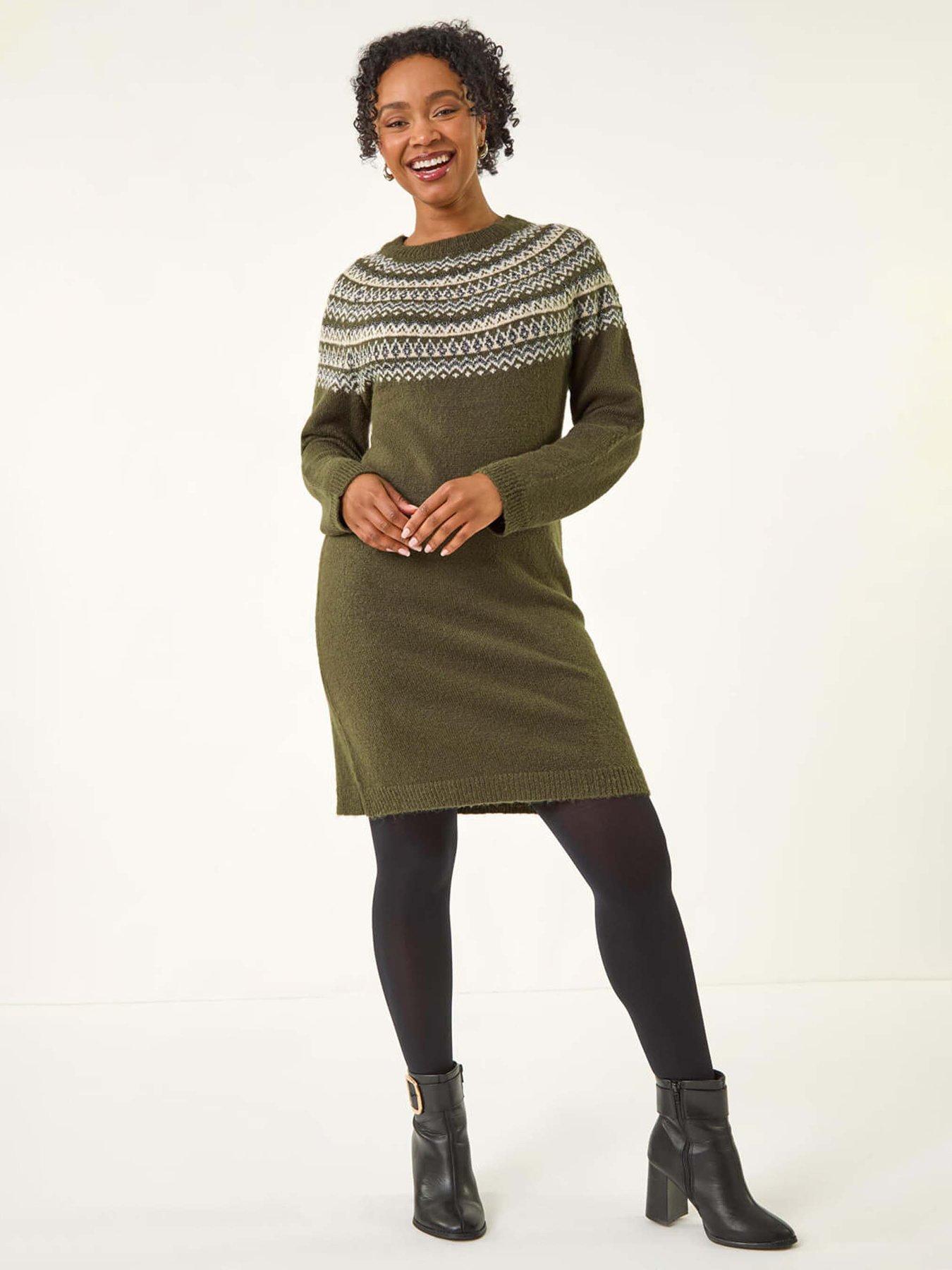 Roman Petite Fairisle Knit Jumper Dress - Green