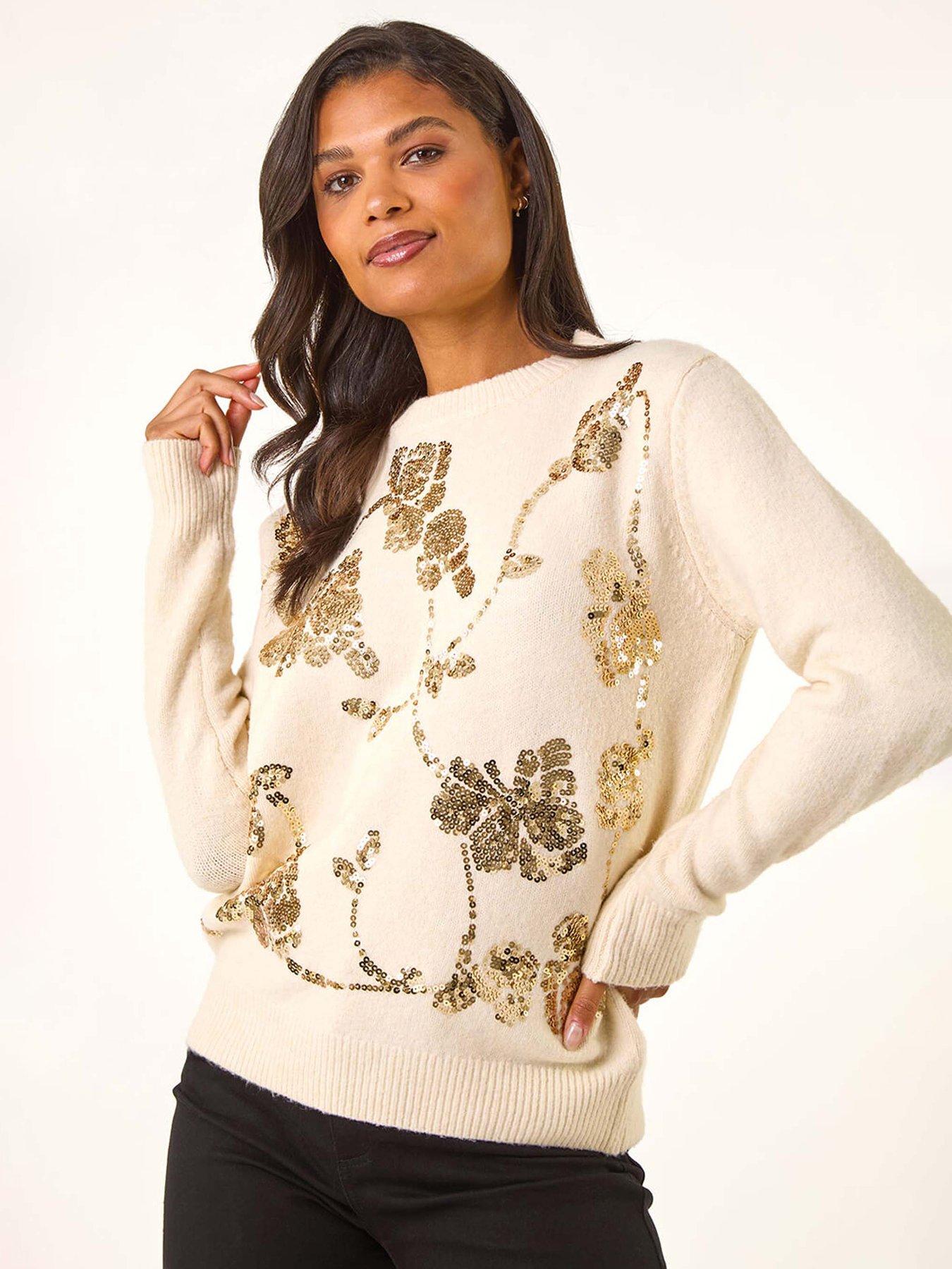 Roman Sequin Floral Knit Jumper - White