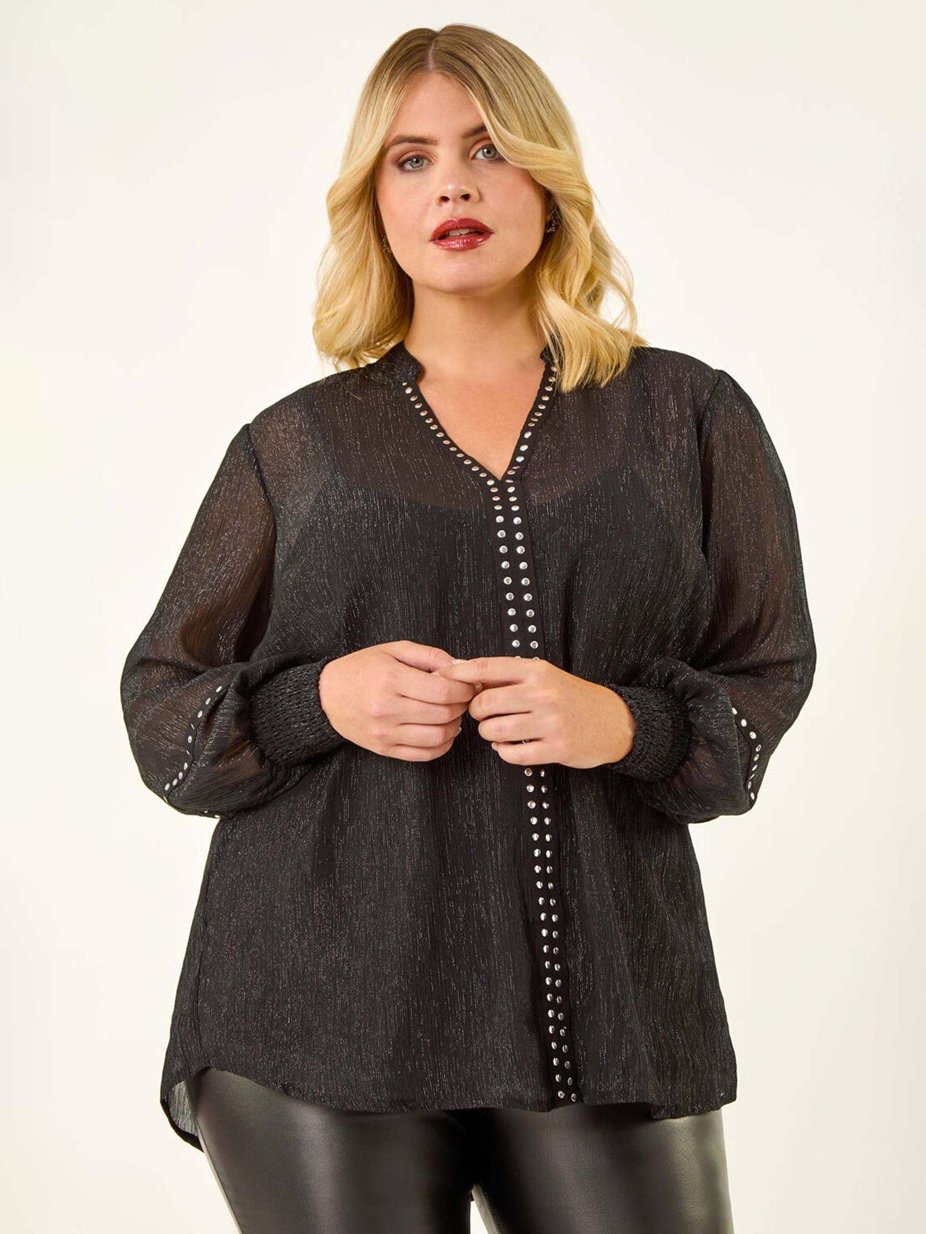 Roman Curve Shimmer Chiffon Blouse - Black