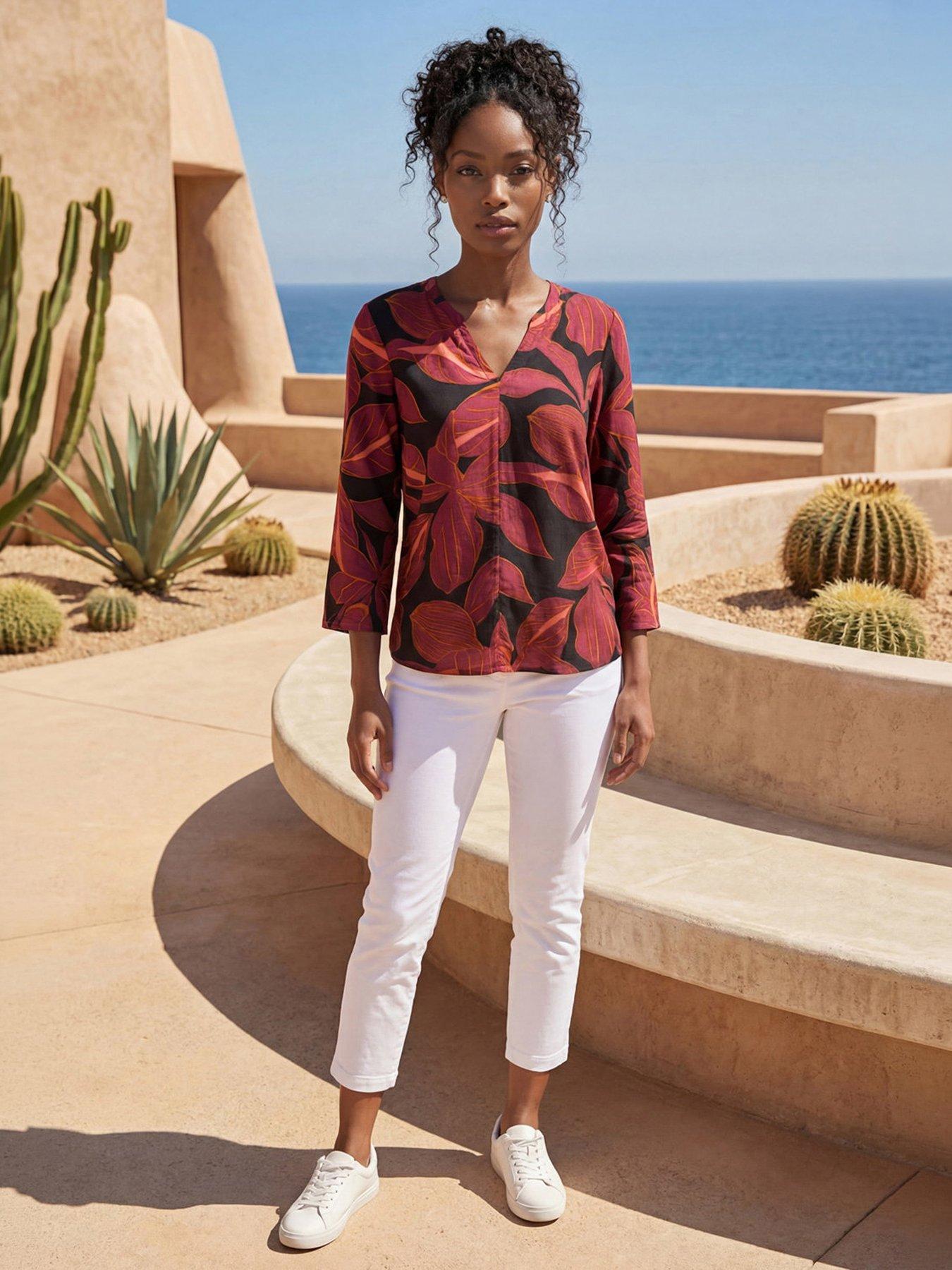 Roman Floral V-neck Stretch Top, Red, Size 10, Women