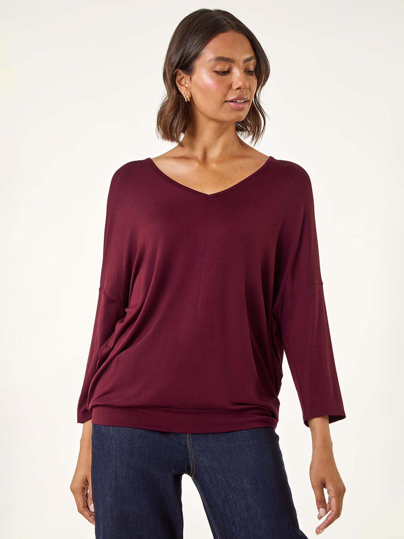 Roman V-neck Jersey Stretch T-shirt, Red, Size 14, Women