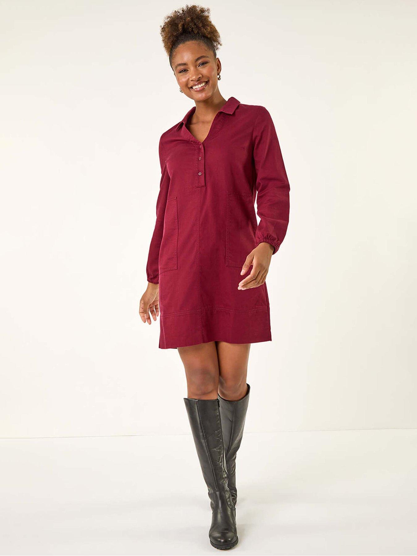 Roman Collared Shift Shirt Dress - Red
