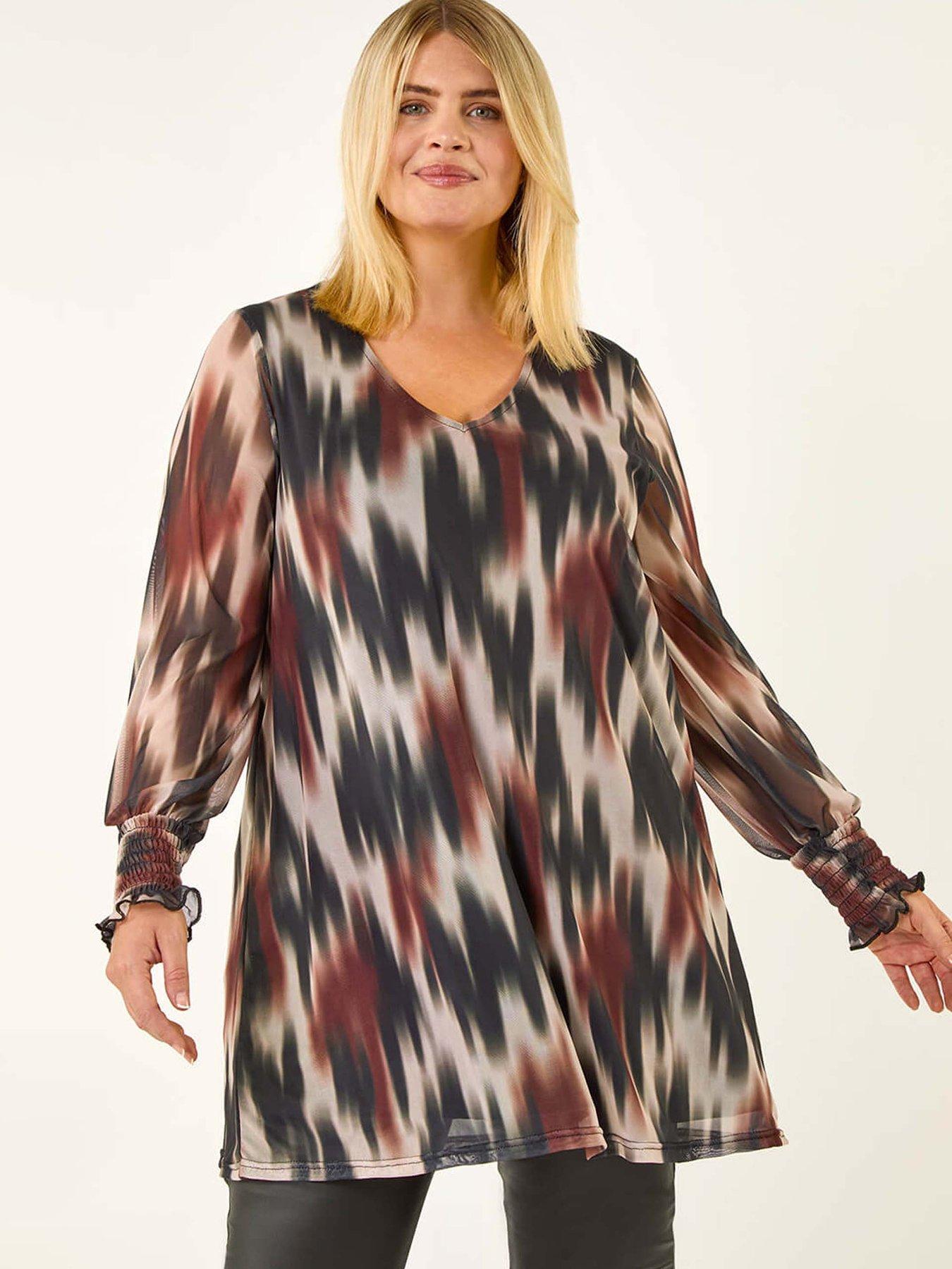 undefined Curve Abstract Print Mesh Top - Brown