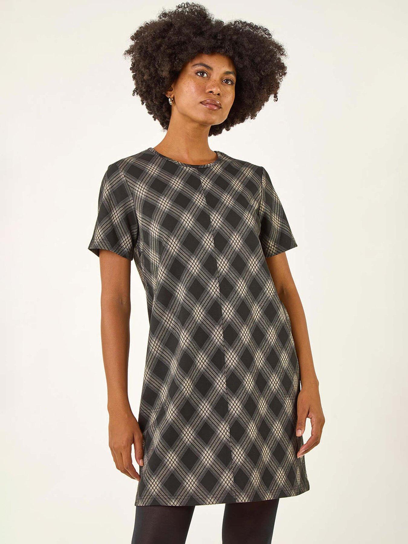 Roman Check Print T-shirt Stretch Dress - Grey