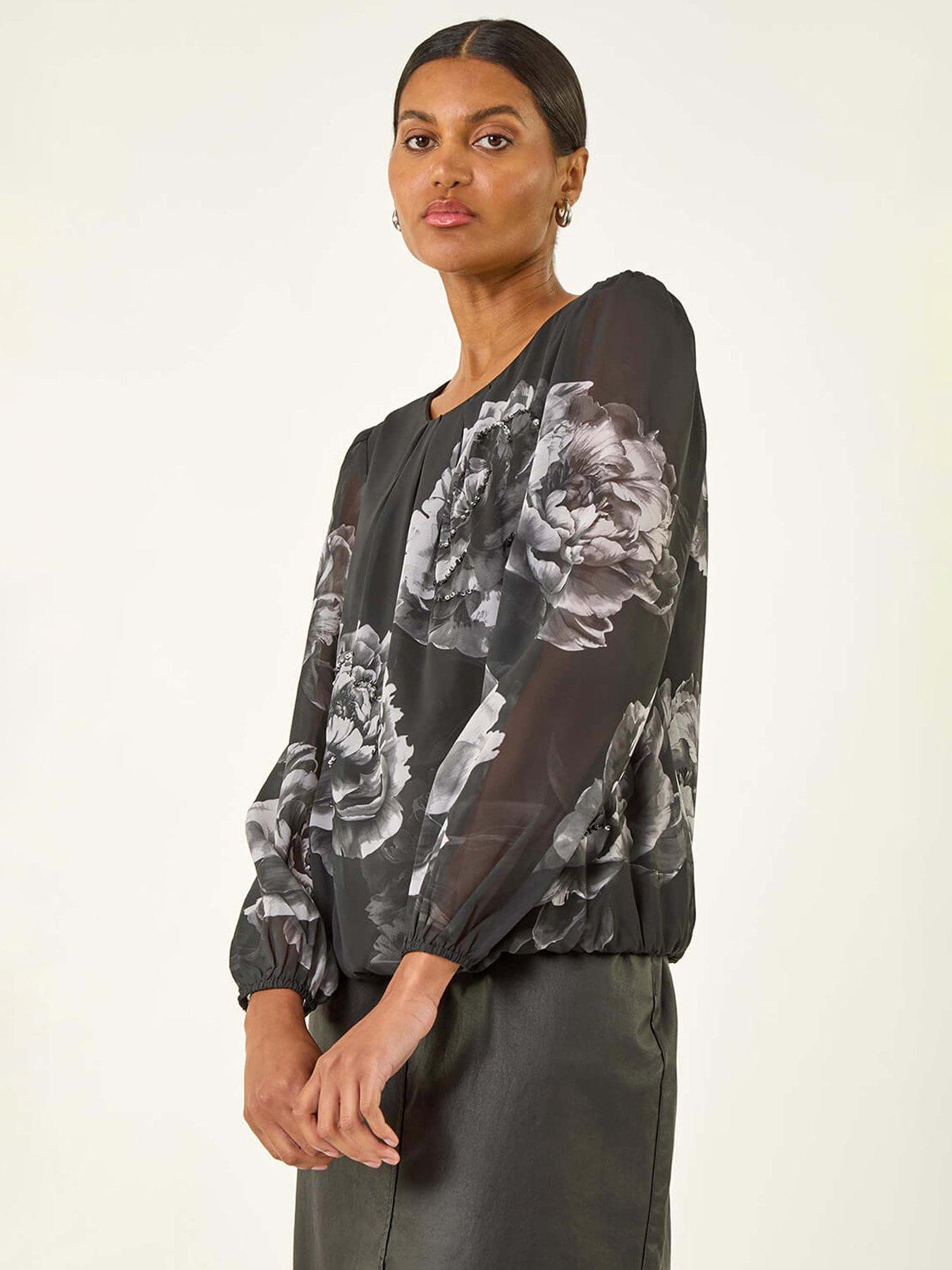 Roman Floral Print Sequin Top - Grey