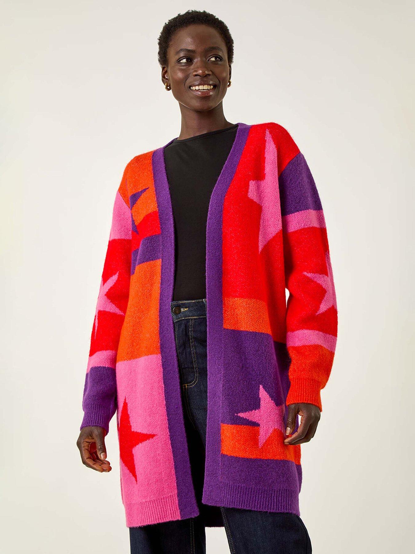 Image 1 of 5 of Roman Star Print Longline Stretch Cardigan - Purple