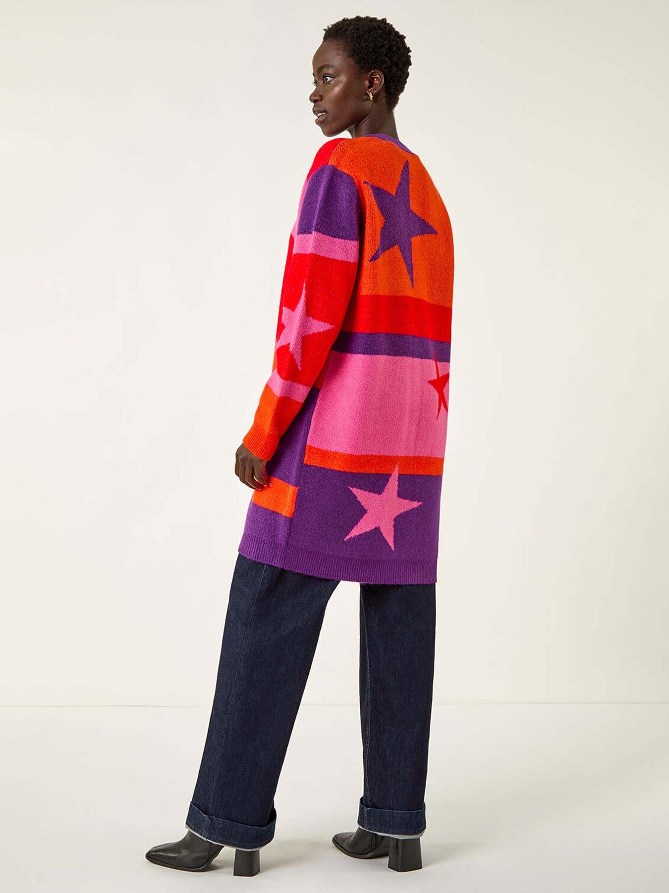 Image 2 of 5 of Roman Star Print Longline Stretch Cardigan - Purple