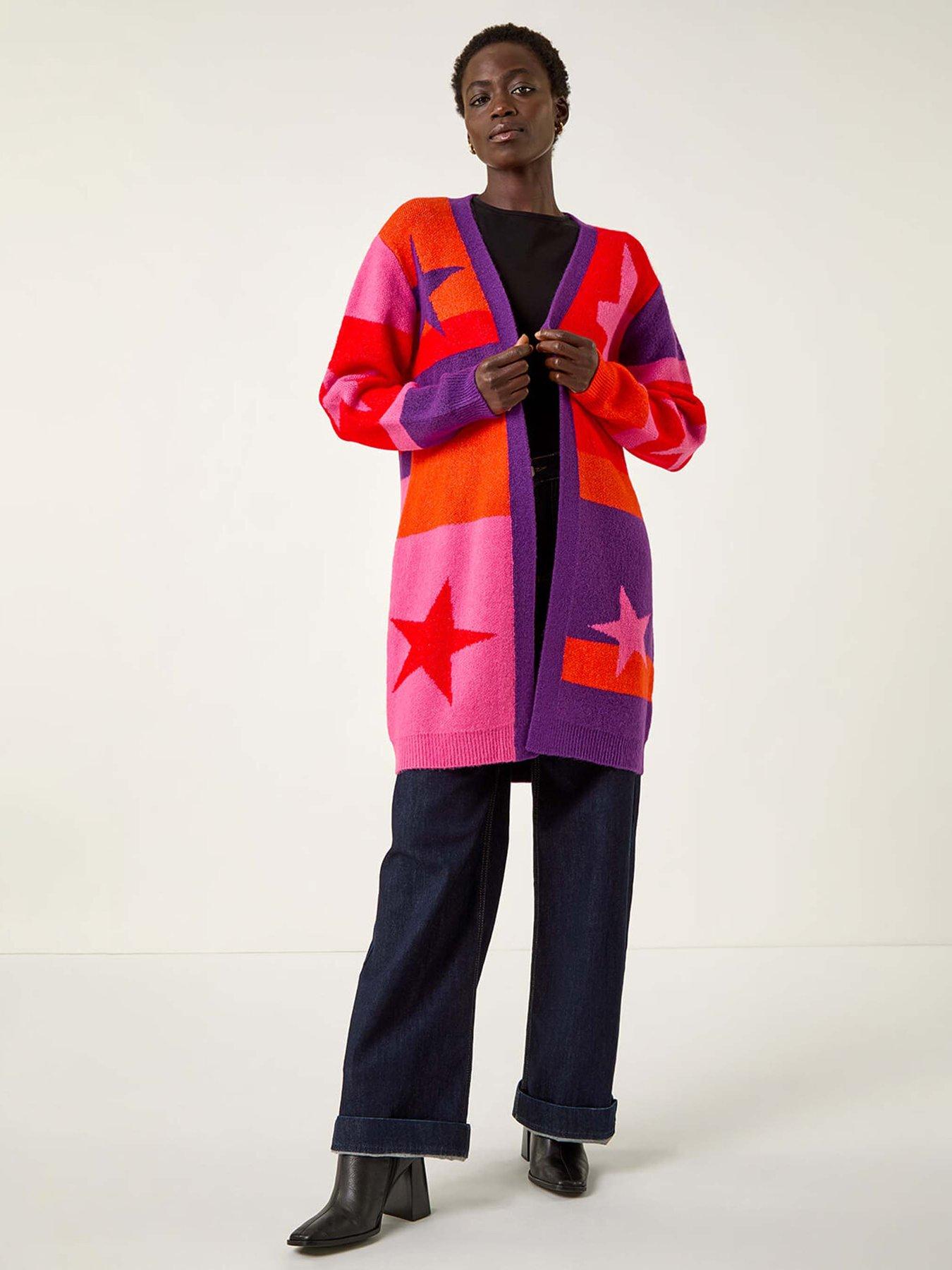 Image 3 of 5 of Roman Star Print Longline Stretch Cardigan - Purple