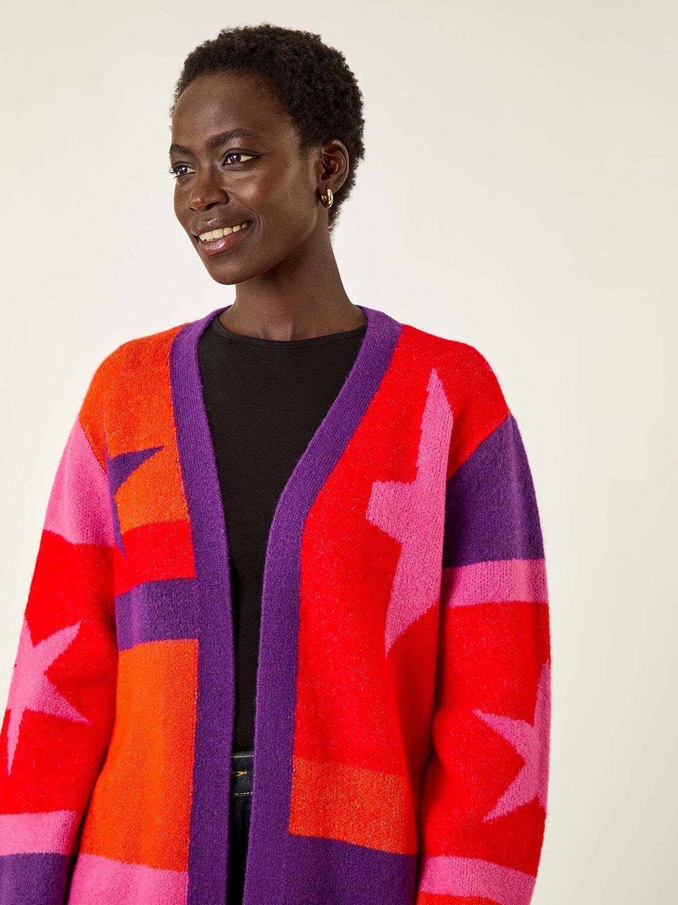 Image 4 of 5 of Roman Star Print Longline Stretch Cardigan - Purple