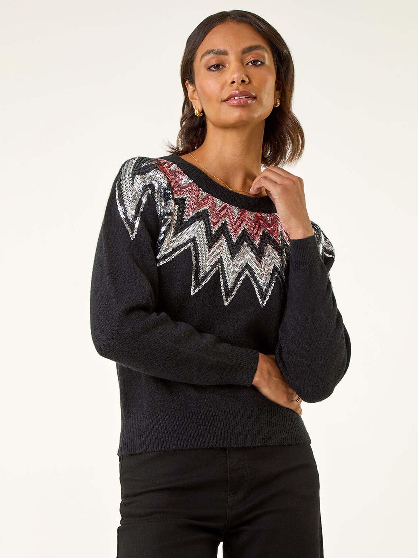 Roman Sequin Neckline Knit Jumper - Black