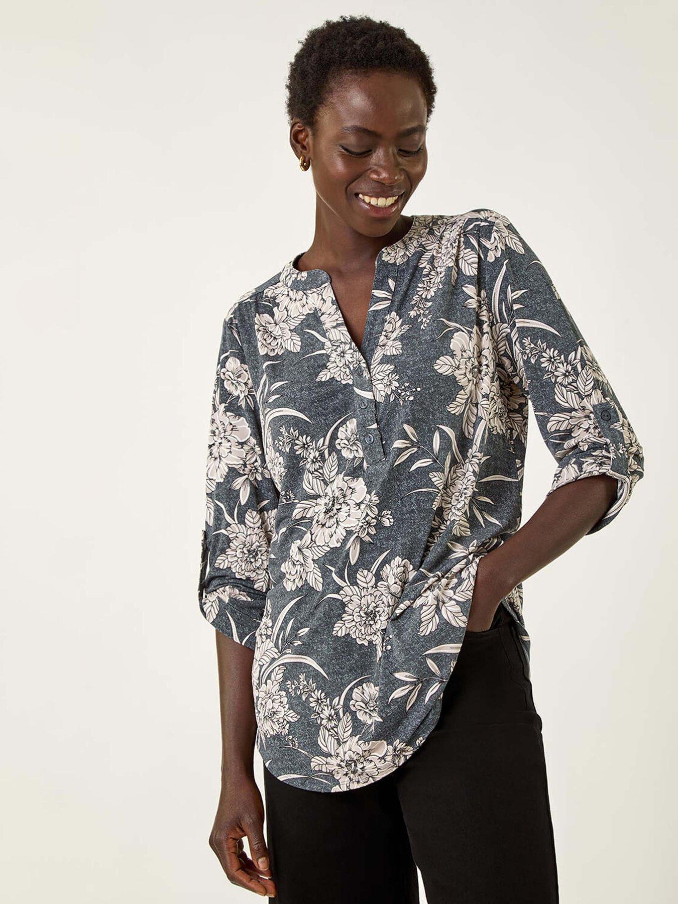 Roman Floral Puff Print Stretch Shirt, Grey, Size 12, Women