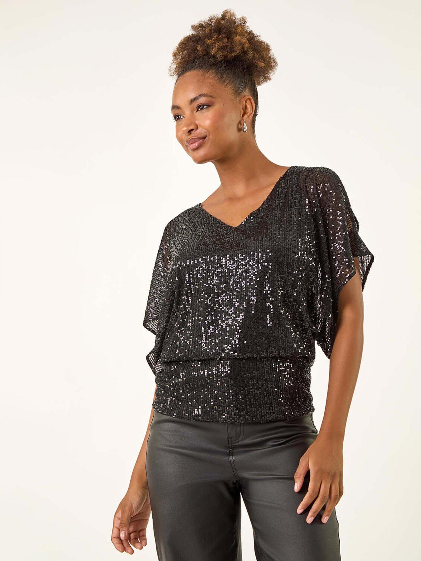 Roman Sequin Mesh Bow Back Top - Black