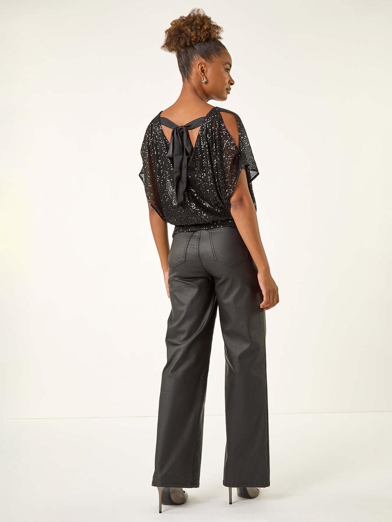 Image 2 of 5 of Roman Sequin Mesh Bow Back Top - Black
