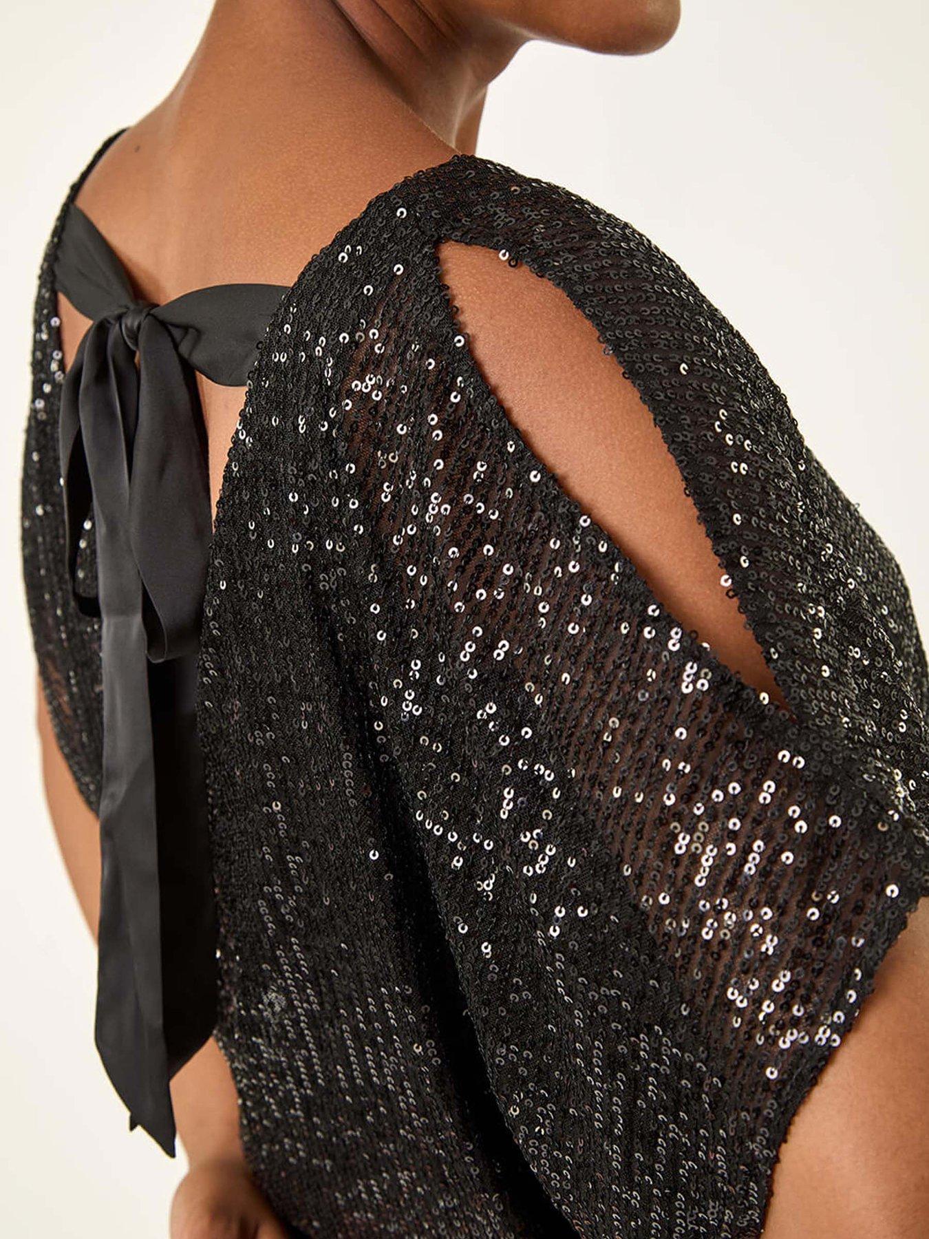 Image 5 of 5 of Roman Sequin Mesh Bow Back Top - Black