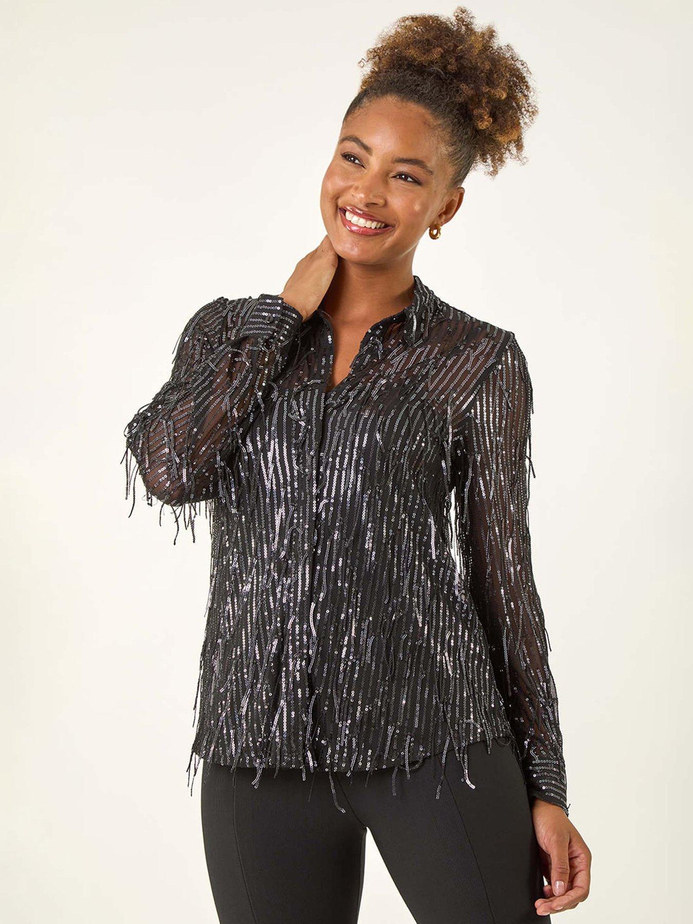 Roman Sequin Tassel Stretch Shirt - Grey