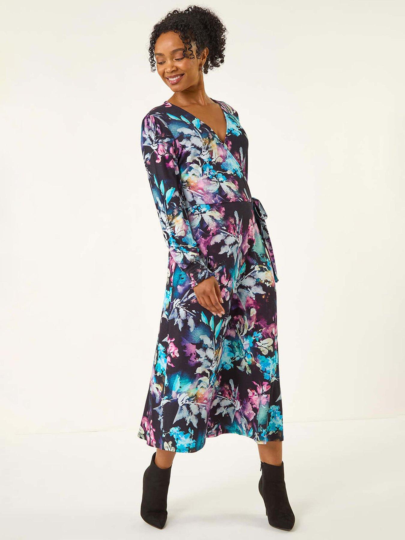 Roman Women's Navy Petite Abstract Stretch Midi Dress In | : Size 16 - Image 6