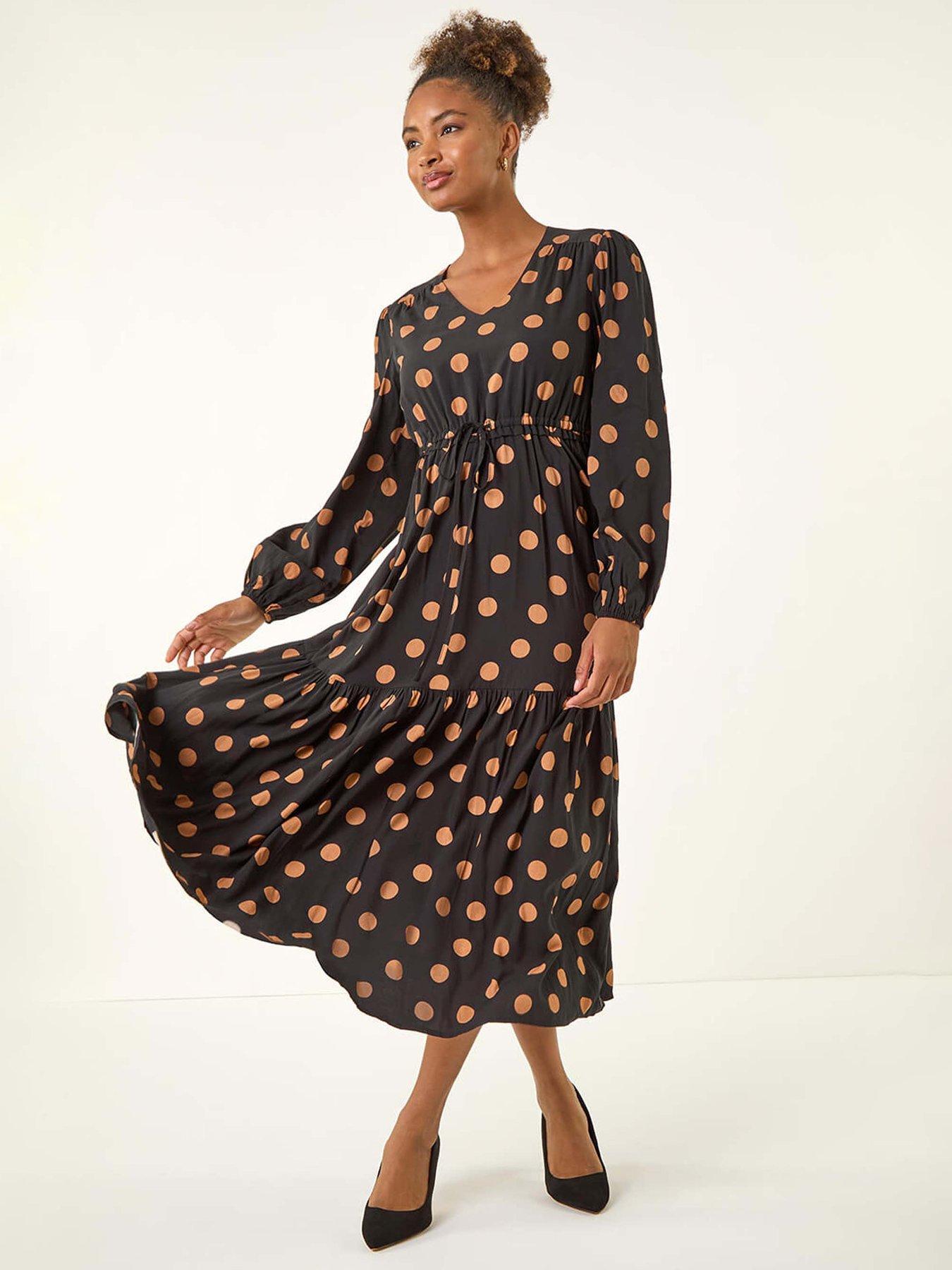 Roman Polka Dot Stretch Midi Dress - Black