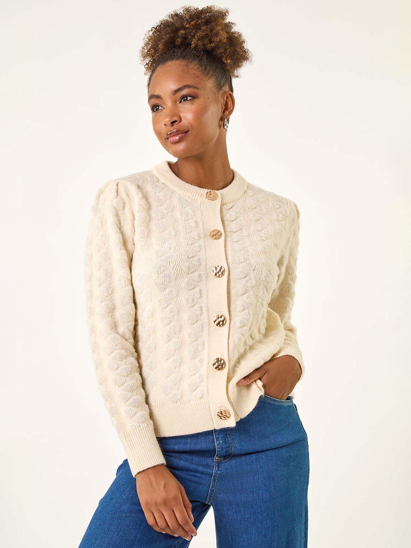 Roman Textured Buttoned Knit Cardigan - White