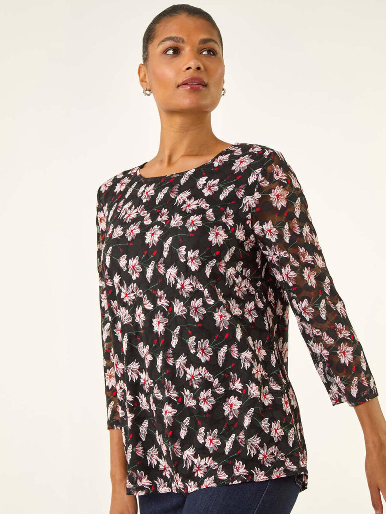 Roman Black Floral Print Stretch Top - Image 7