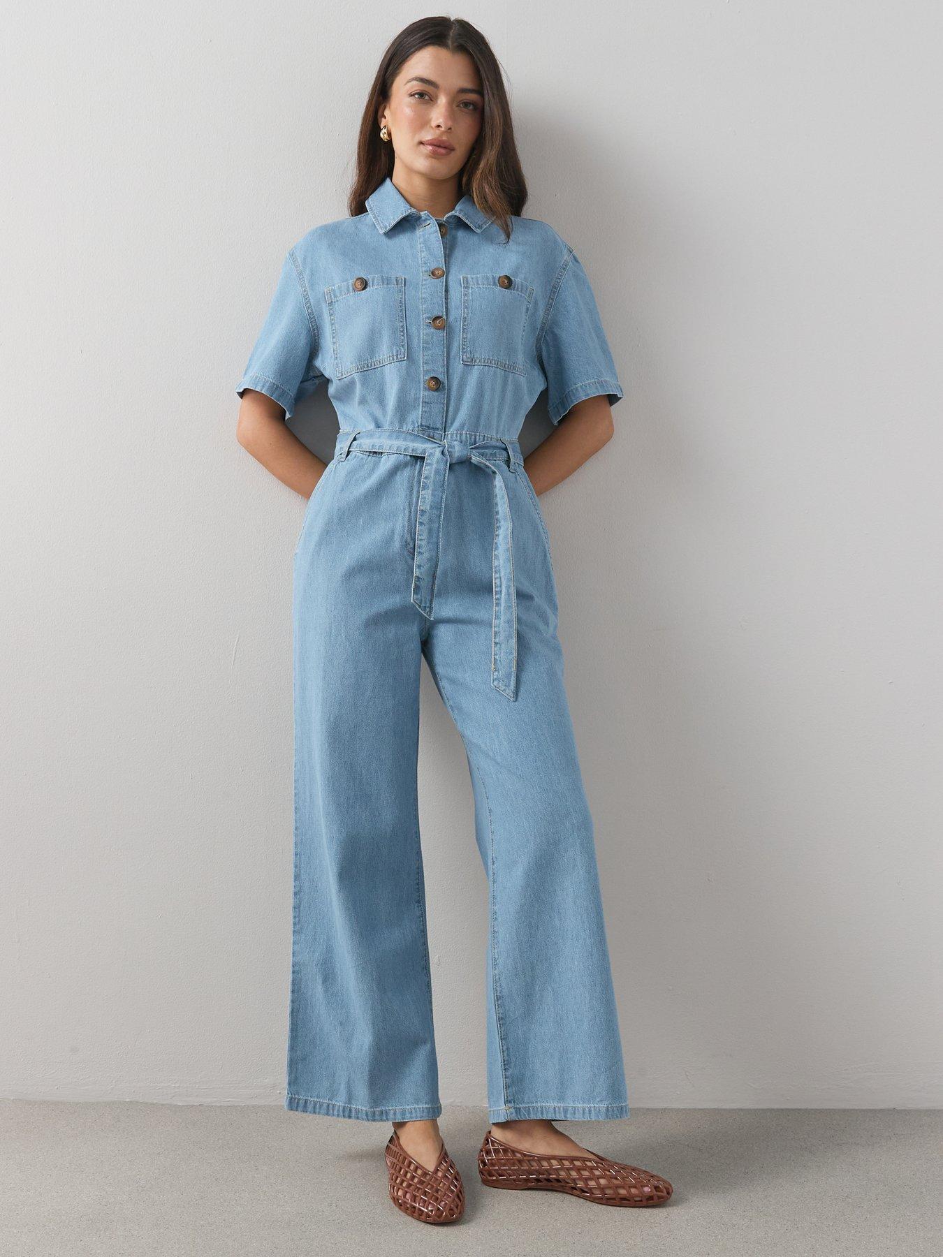 The Very Collection Short Sleeve Denim Jumpsuit - Mid Wash