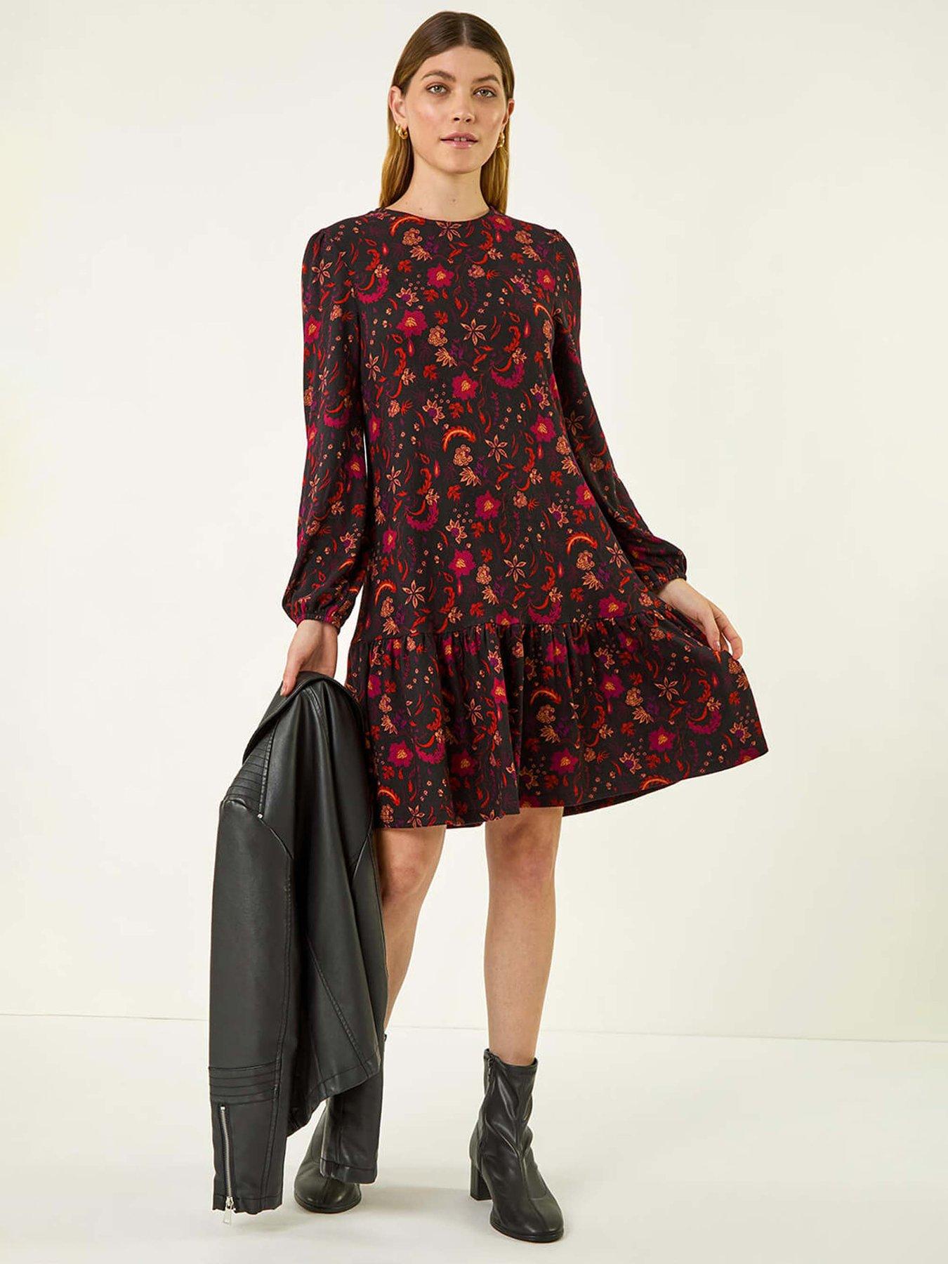 Roman Floral Print A-line Stretch Dress - Red