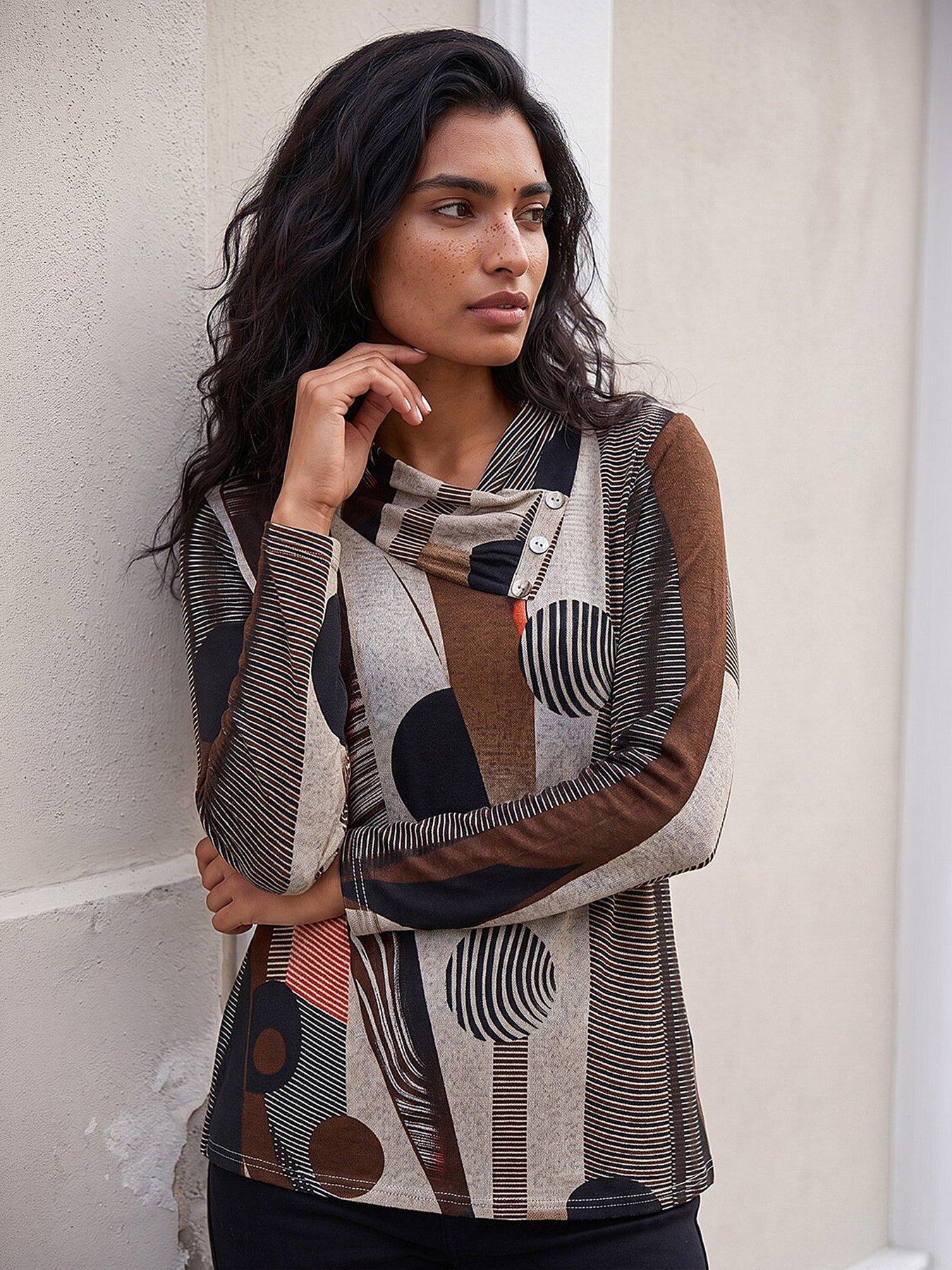 Roman Abstract Print Snit Top, Brown, Size 16, Women