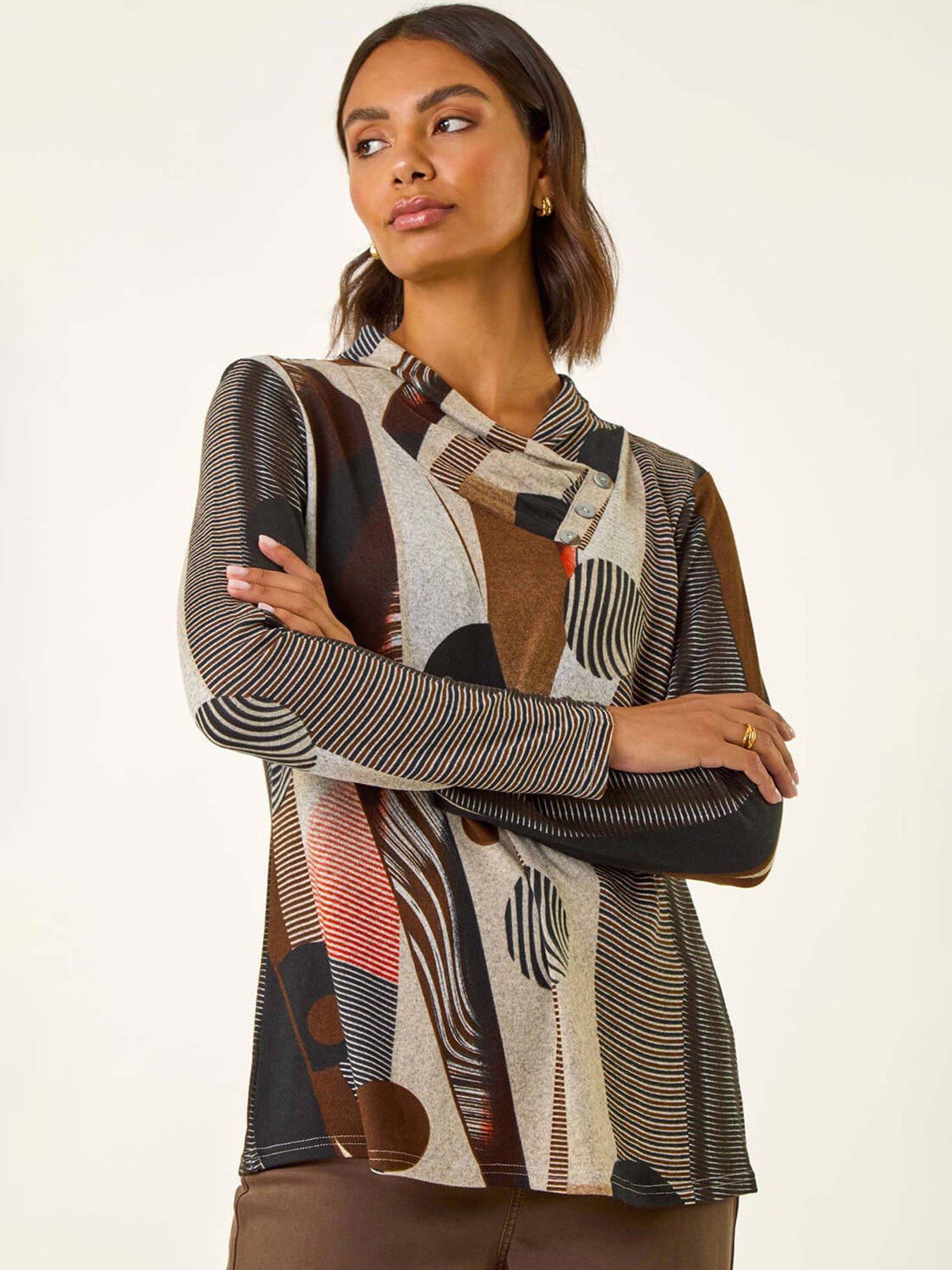 Roman Abstract Print Snit Top - Brown