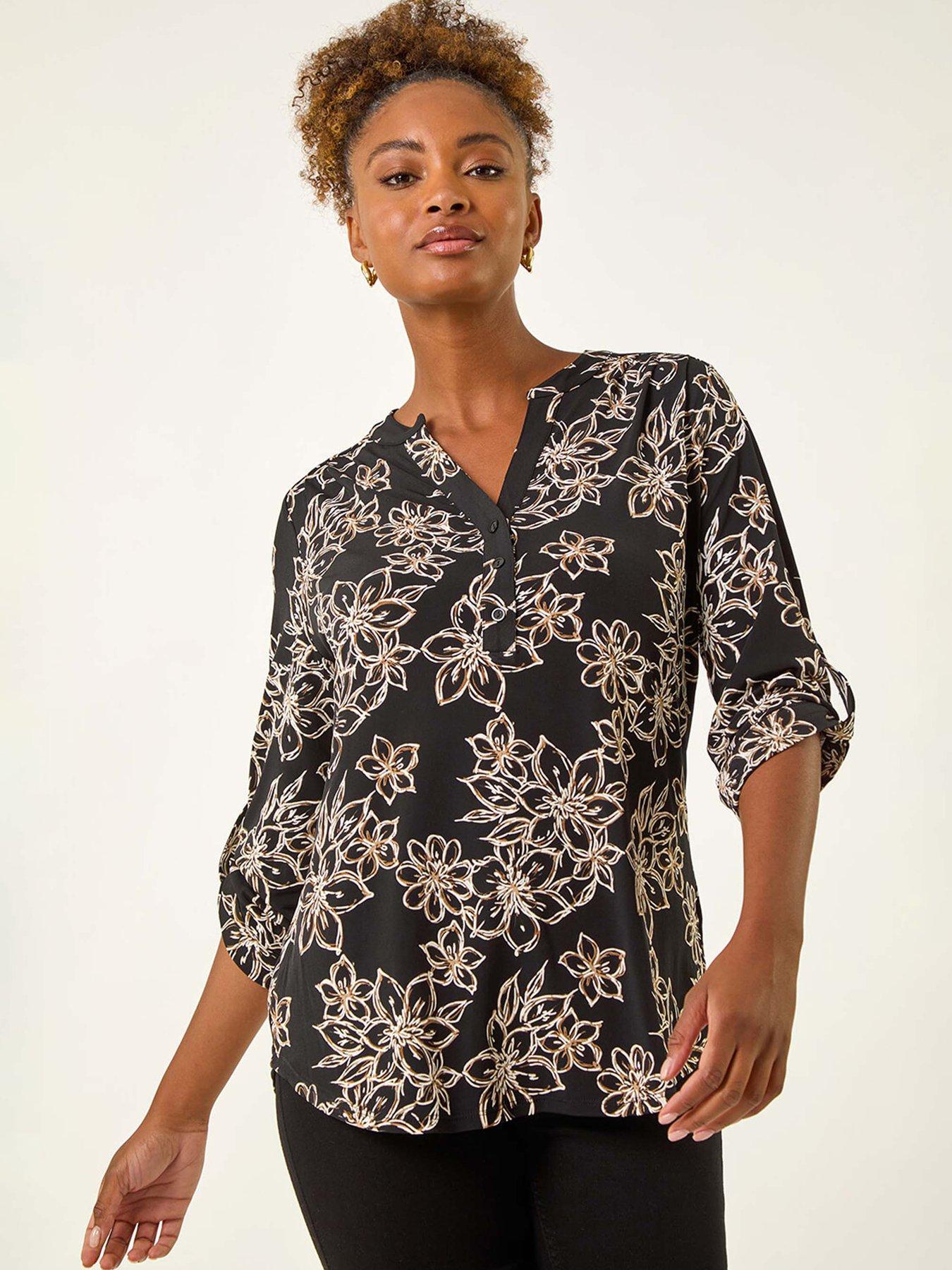 Roman Floral Puff Print Stretch Top - Beige