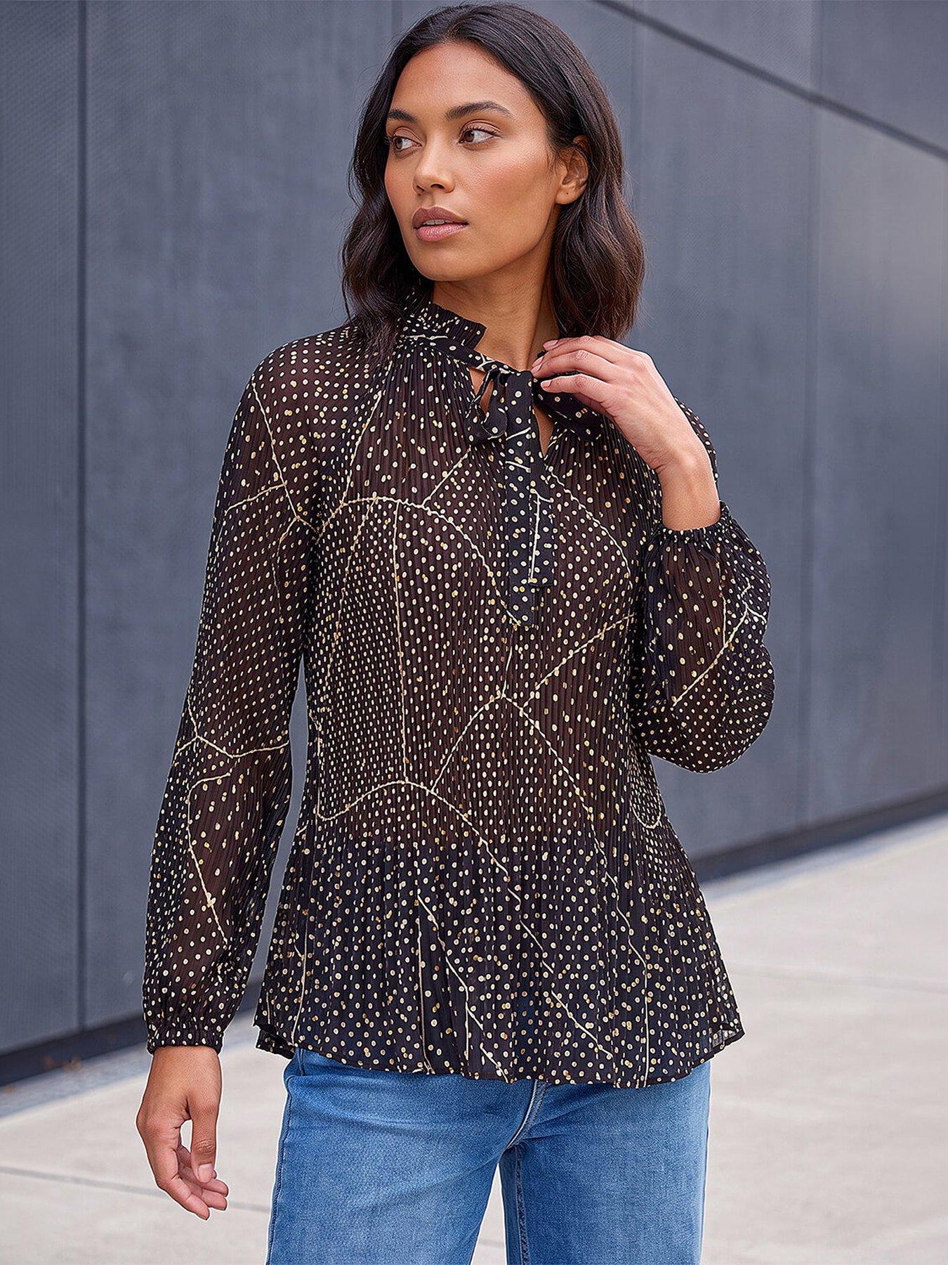 Roman Women's Black Spot Print Tie Neck Pleated Top In | : Size 20 - Image 4