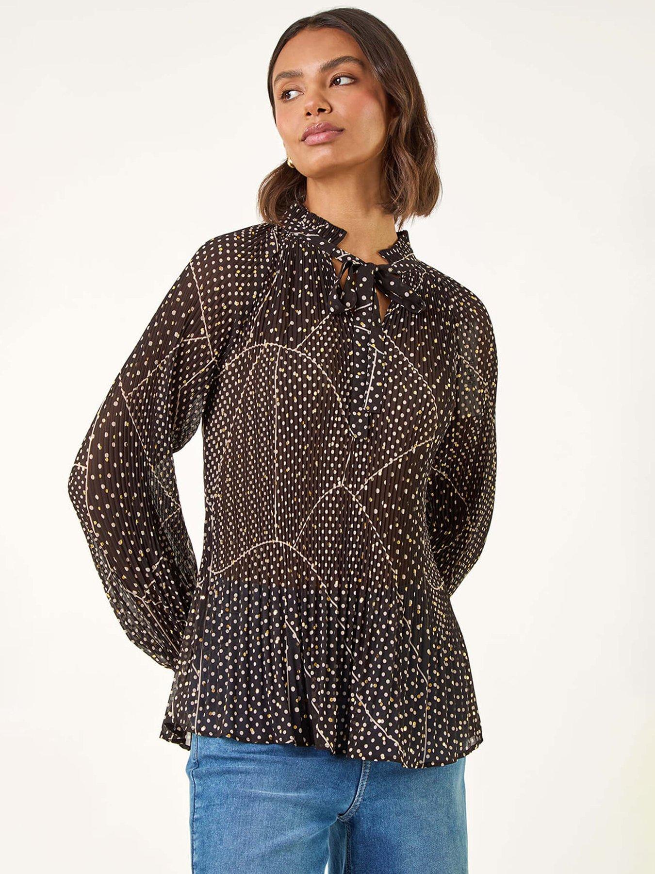 Roman Spot Print Tie Neck Pleated Top - Black