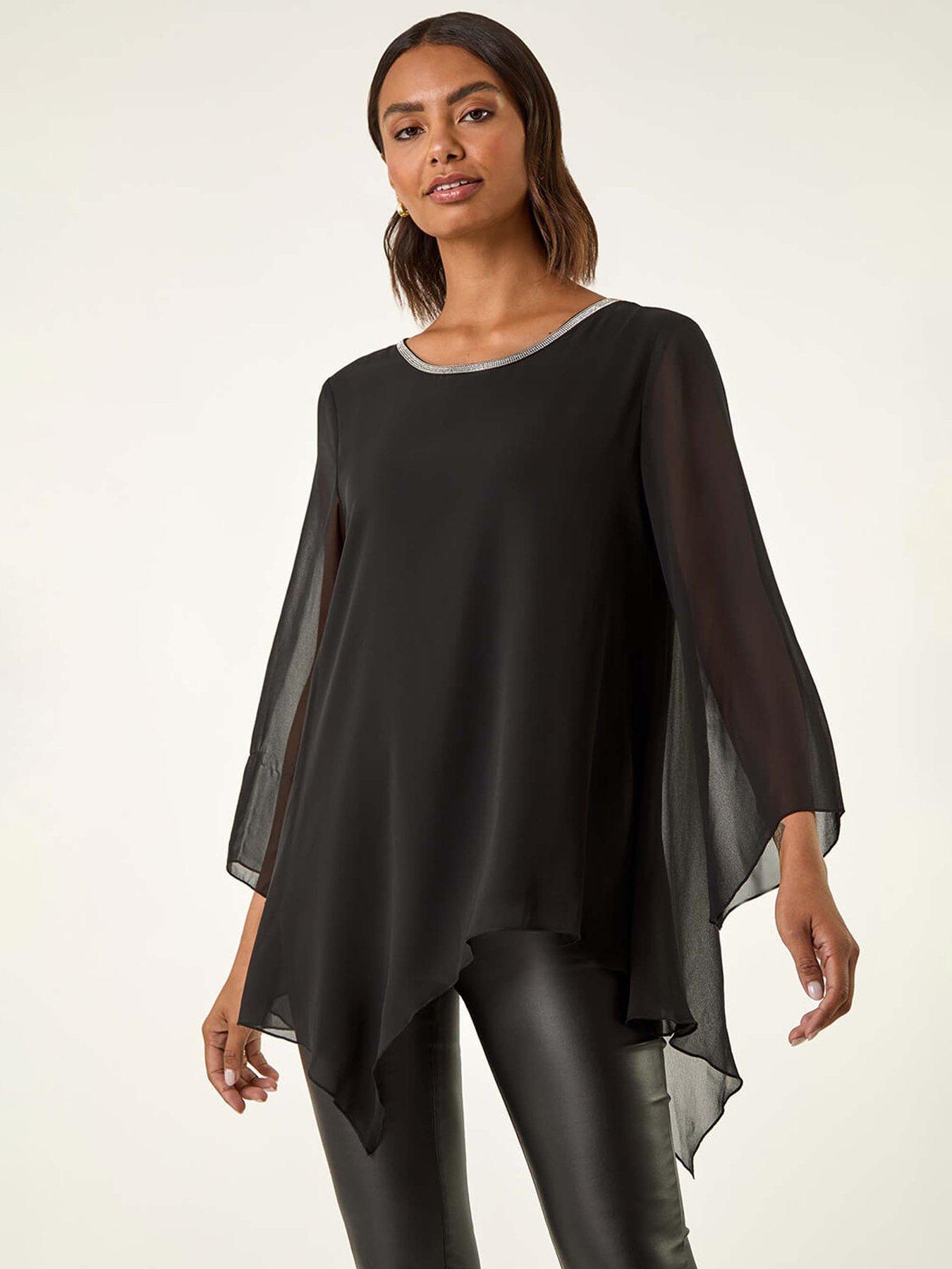 Roman Diamante Asymmetric Chiffon Top - Black
